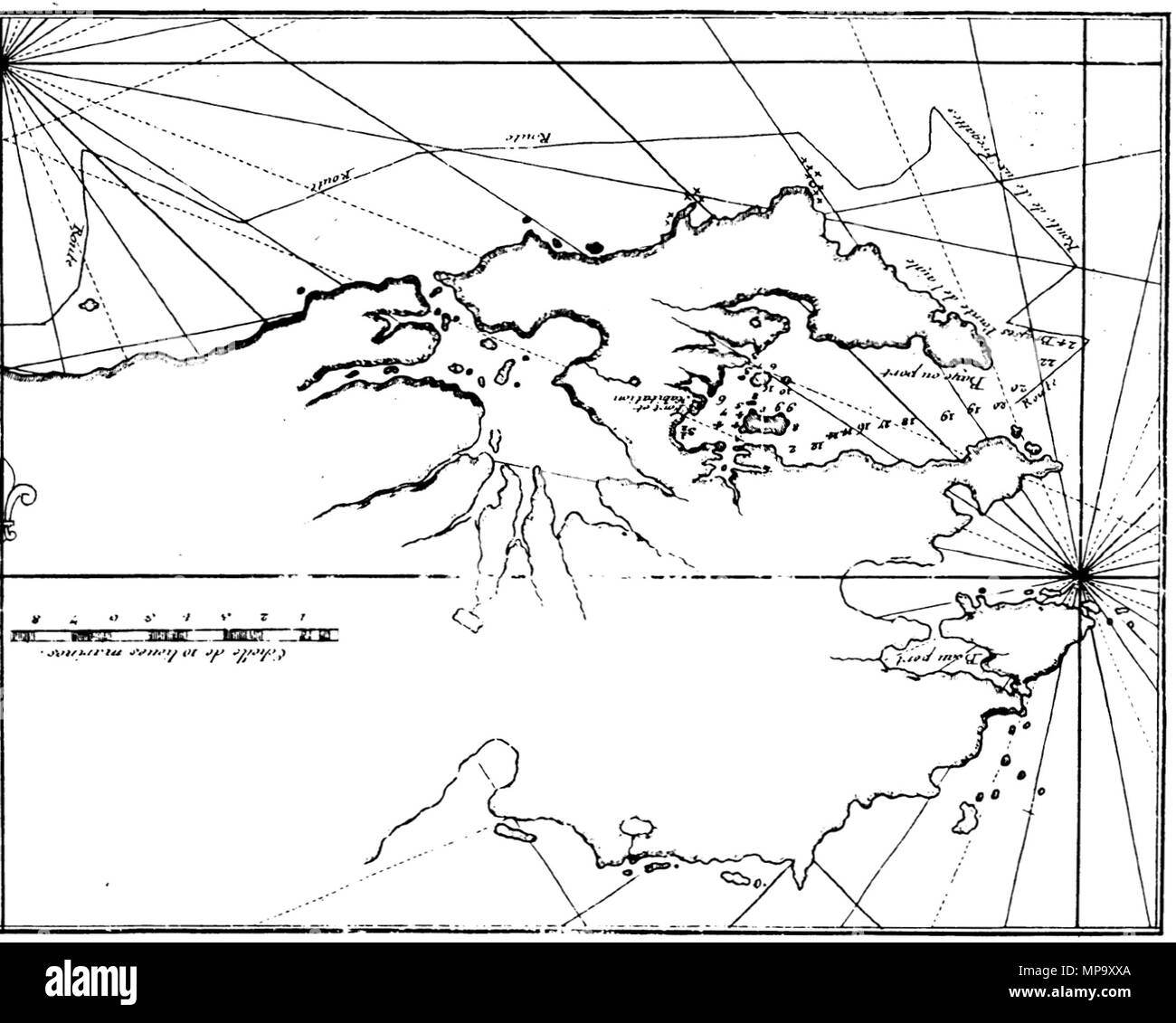 . Karte von Nordosten Osten Falkland, Falkland Inseln (Dom Pernety, 1769). Die ursprünglich South-Up Karte umgedreht ist hier für eine einfachere Küste Anerkennung. 1769. Antoine-Joseph Pernety 847 Malouines-Est Stockfoto