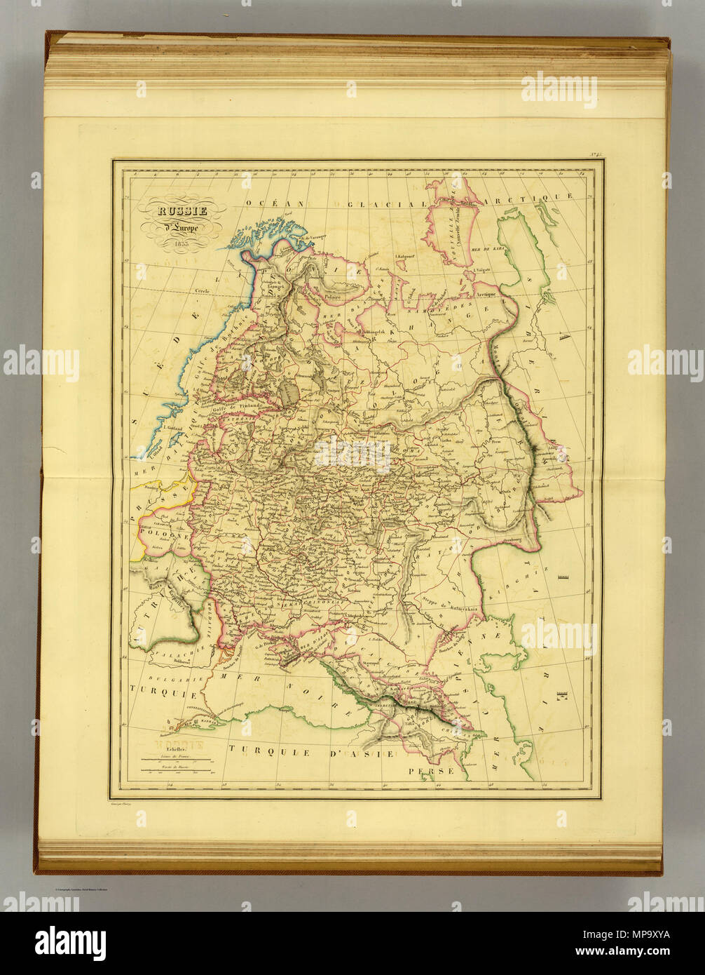 . Français: Russie d'Europe, 1833. Nr. 45. Grab par Thierry. Publikation Titel: Atlas Complet Du Precis De La Geographie Universelle De M.; Dresse Malte-Brun Conformement Au Texte De Cet Ouvrage, Et Revu Et Corrige Entierement par M. J.-J.-N. Huot... (Mez Atlas est Verfassen de 72 cartes.) Paris. Aime Andre, Libraire-Editeur, rue Christine, 1; Ve. Le Normant, Libraire, rue de Seine, 8. 1837. Hinweis: Karte eingraviert. Bundesstaaten und Bezirke in Farbe getrimmt. Flüsse und Seen gezeigt. Große Erleichterung durch hachures. Umfasst 2 Skalen. 1837. Conrad Malte-Brun (1775 - 1826) Alternative Namen Malthe Conrad Br Stockfoto