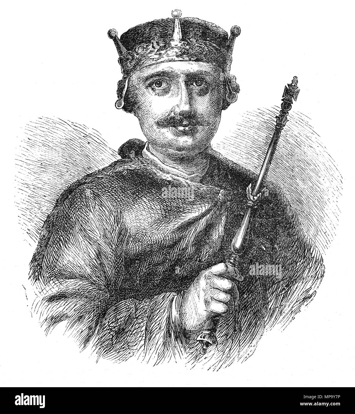 Ein Porträt William II (1056 - 1100), der dritte Sohn von Wilhelm dem Eroberer, König von England von 1087 bis 1100, mit Befugnissen über der Normandie, und Einfluss in Schottland. Er war weniger erfolgreich bei der Ausdehnung der Kontrolle in Wales. William ist allgemein als William Rufus (Rufus, lateinisch für "die Rote"), vielleicht wegen seiner red-faced Aussehen oder, wahrscheinlicher, wegen ihrer roten Haare wie ein Kind, das im späteren Leben wuchs bekannt. Er starb, nachdem er von einem Pfeil getroffen wurde, anscheinend von einem seiner eigenen menwhile Jagd am 2. August 1100 im New Forest gefeuert. Stockfoto