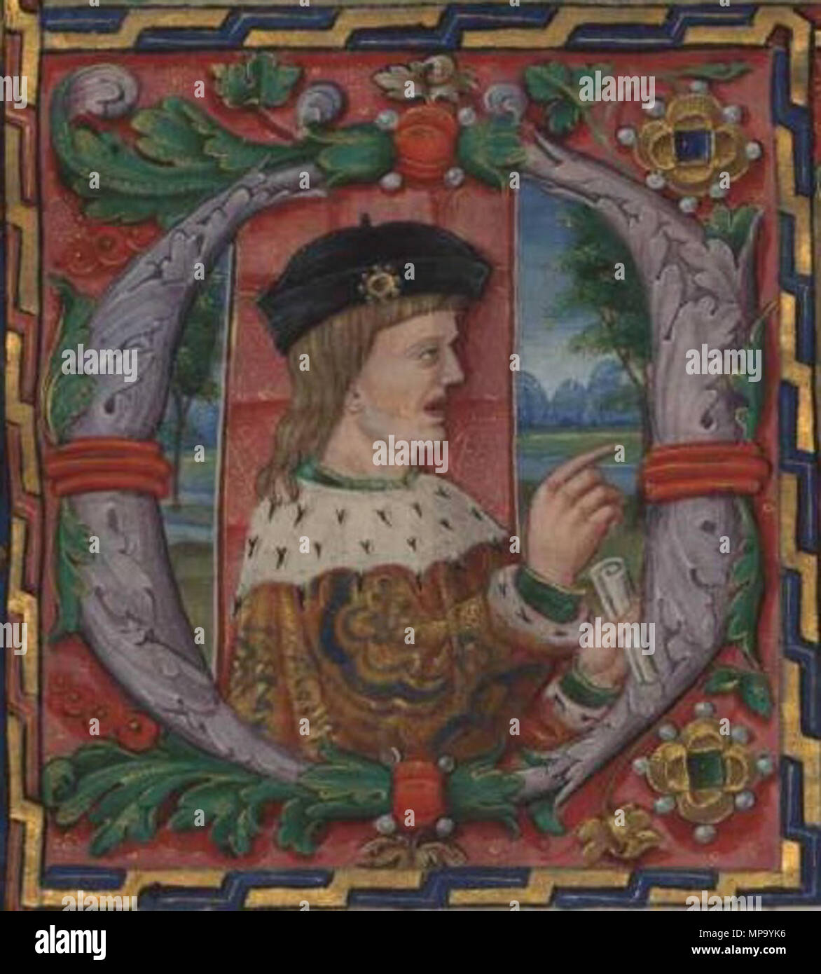 . Englisch: Manuel I. von Portugal, in einer Miniatur aus dem Titelblatt der "LIVRO 1 de Alem Douro" des Leitura Nova (15 eingesperrt??-1521). Português: D.Manuel de Portugal, em frontispício iluminura do Livro do' 1 de Alem Douro" da Leitura Nova (escrito em 15??-1521). ca. 1521. Unbekannt 850 Manuel I 1. Stockfoto