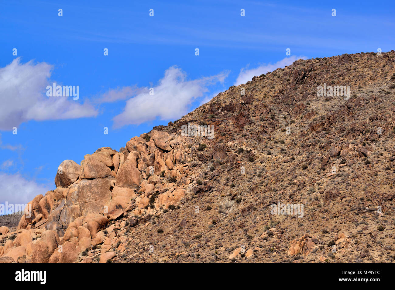 Licht rot-braune Monzogranite überlagert mit dunkleren Pinto Gneis, Mojave Wüste Joshua Tree National Park, CA 180315 68319 Stockfoto