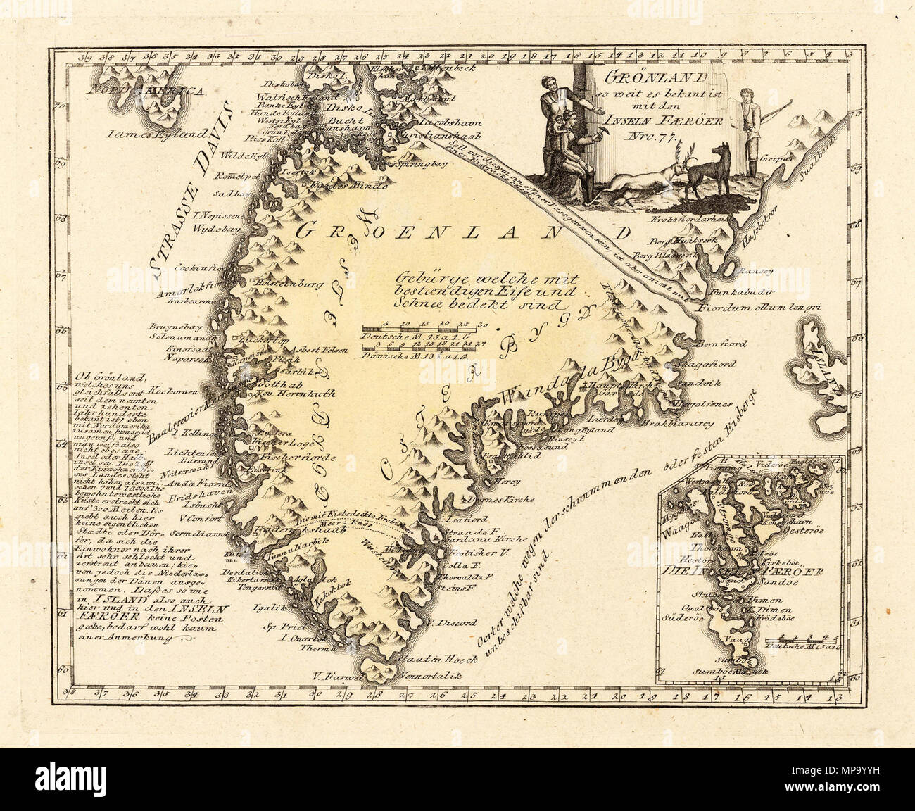 . English: Grönland so weit es bekant ist mit den Inseln Faeröer. Nro. 77. Kolorierter Kupferstich. 1791. Franz Johann Joseph von Reilly (1766-1820) Alternative Namen Reilly, Franz Johann Joseph von Beschreibung österreichischer Verleger und Schriftsteller Geburtsdatum / Tod 18. August 1766 vom 6. Juli 1820 Ort der Geburt / Tod Wien Wien Zeitraum 1790 - 1800 Standort Wien Behörde: Q 113944 VIAF: 102371035 ISNI: 0000 0001 1839 240 X LCCN: 88624007 n GND: 118748017 SUDOC: 158784243 WorldCat 851 Karte von Grönland im Jahr 1791 von Reilly 077 Stockfoto