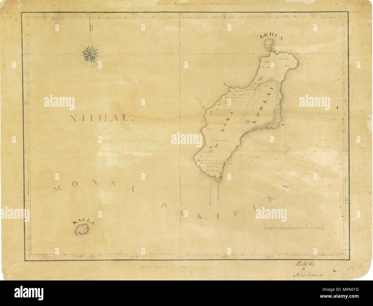 . Englisch: Insel Niihau, Ursula Emerson, 1833. Ein Beispiel für ein Manuskript Karte durch eine missionarische gezeichnet, diese Karte von niihau von Ursula Emerson gezeichnet wurde. Aufzeichnungen geht hervor, dass viele Missionare offenbar zeichnete wie Manuskript Karten für den Einsatz im Klassenzimmer, obwohl dies und das von Kauai und Oahu nur vielleicht eine, überlebt zu haben. ca. 1833. Ursula Emerson 852 Karte von Niihau, Ursula Emerson, 1833 Stockfoto