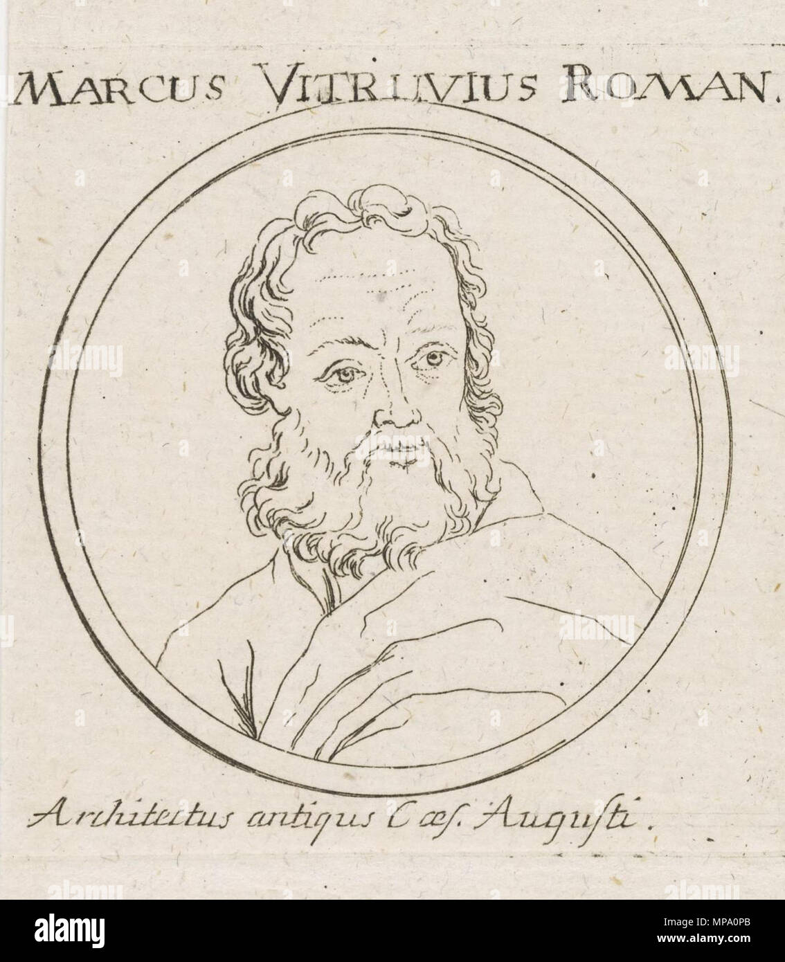 . English: (Fantasie-) Bildnis des Vitruv, Radierung 68 × 67 mm (2.67 x 2.63 in) (Platte), Umschrift: Marcus Vitruvius Roman. Architectus antiqus Caes. Augusti. 1601 oder 1800. Unbekannt 855 Marcus Vitruvius Roman. portrait Stockfoto
