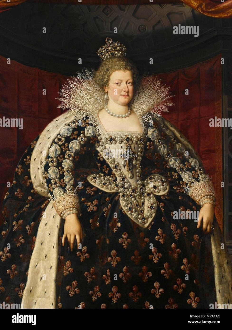 Marie de Médicis (1573-1642), Reine de France depuis 1600 (Maria de' Medici (1573-1642), Königin von Frankreich seit 1600). Detail einer Portrait von Maria de' Medici im vollen Ornat. Sie war die Frau von Heinrich IV. von Frankreich. zwischen 1609 und 1610. 857 Maria de' Medici Frans Pourbus der Jüngere (Detail) Stockfoto