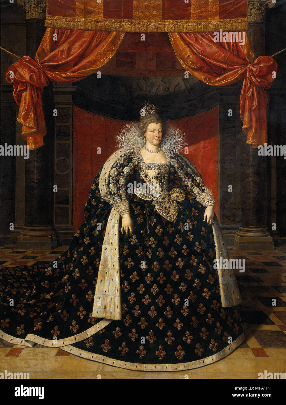 Portrait von Marie de Medici. Alternative Titel(n): Marie de Médicis.[1]. Portrait von Maria de' Medici im vollen Ornat. Sie war die Frau von Heinrich IV. von Frankreich. Kopie der Version im Louvre, Paris. (Siehe Datei: Frans Pourbus (II) 007.jpg). Zwischen 1600 und 1642. 859 MariadeMedici, 02. Stockfoto