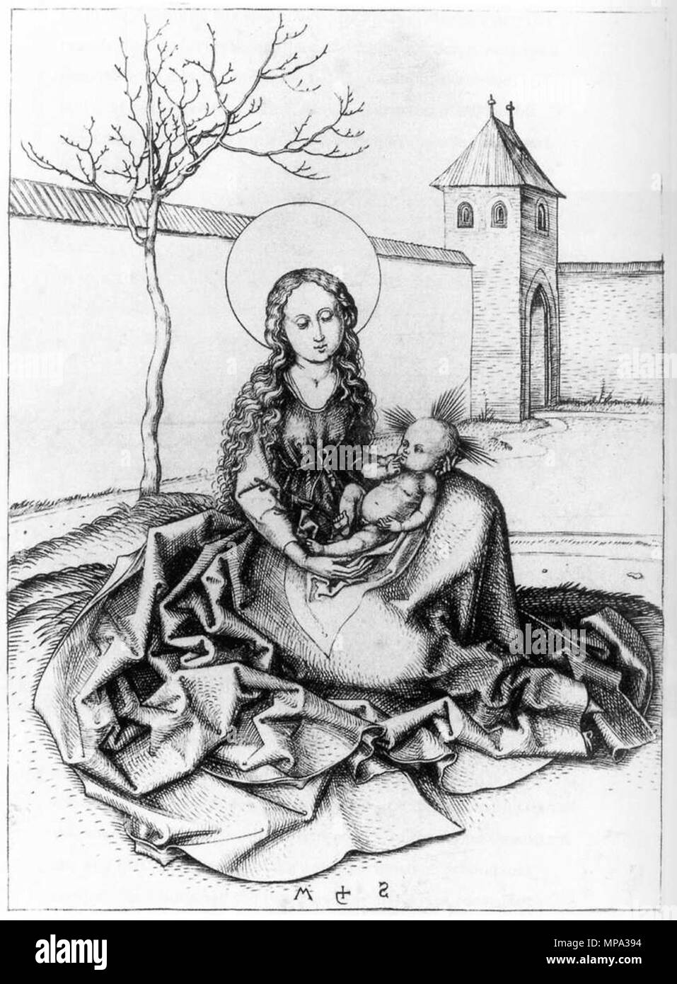 Madonna und Kind im Couryard circa 1480. 865 Martin Schongauer - Madonna mit dem Kind in das couryard-WGA 21031 Stockfoto