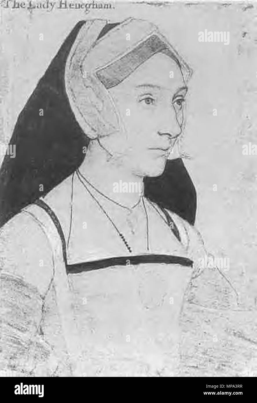 . Englisch: Diese Zeichnung von Hans Holbein ist von Mary Shelton die Tochter von Sir John Shelton und seine Frau, Lady Anne Boleyn. Maria war Cousin von Queen Anne Boleyn. Sie heiratete ihren Cousin, Sir Anthony Heveningham der Ketteringham C. 1546 und war die Mutter von Sir Arthur Heveningham. Nach dem Tod von Sir Anthony Heveningham 1557, Maria heiratete Philip Appleyard, Esq., Ihre Schwester, Madge (Margaret) Shelton Anne Boleyn auf dem Gerüst besucht. ca. 1532 - 1543. Hans Holbein (1497/1498-1543) Alternative Namen: Hans Holbein der Jüngere, Hans Holbein Beschreibung Deutsche Maler ein Stockfoto