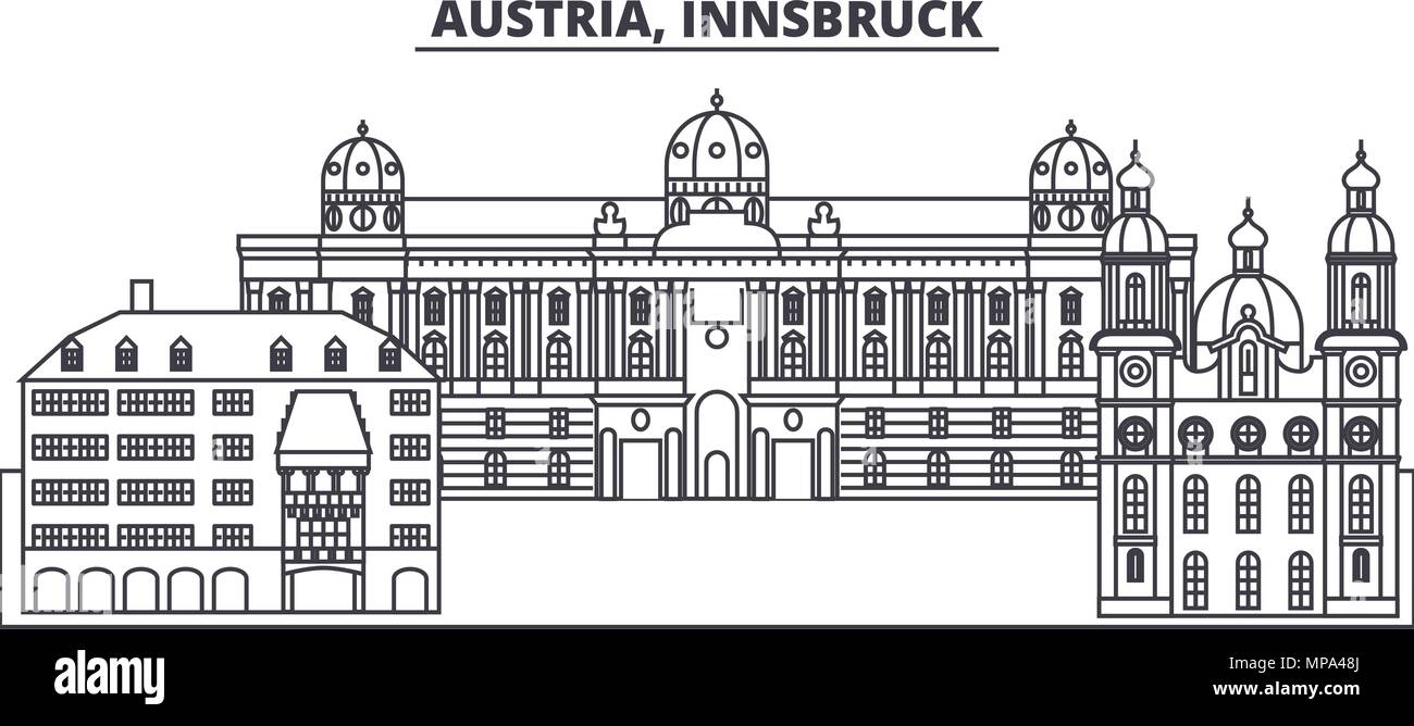 Österreich, Innsburck Linie skyline Vector Illustration. Österreich, Innsburck lineare Stadtbild mit berühmten Wahrzeichen und Sehenswürdigkeiten der Stadt, Vektor Landschaft. Stock Vektor