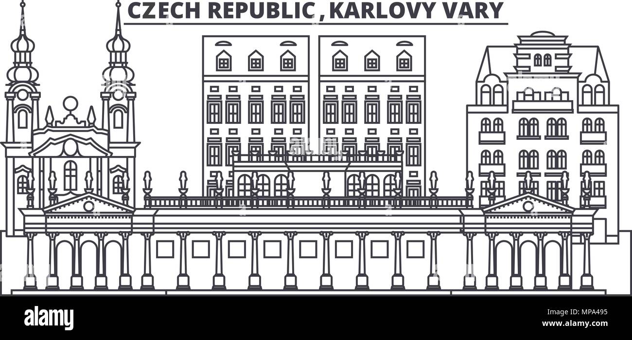 Tschechische Republik, Karlovy Vary Linie skyline Vector Illustration. Tschechische Republik, Karlovy Vary lineare Stadtbild mit berühmten Wahrzeichen und Sehenswürdigkeiten der Stadt, vektor design Landschaft. Stock Vektor