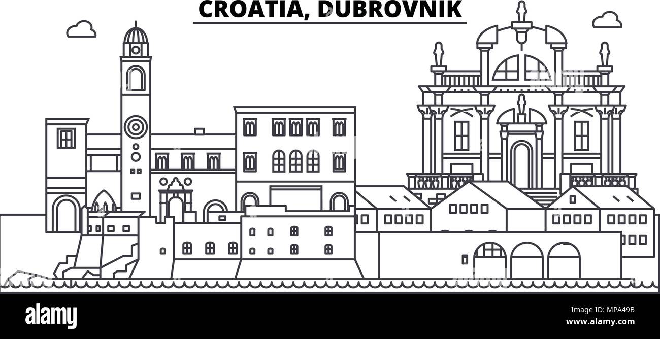 Kroatien, Dubrovnik Linie skyline Vector Illustration. Kroatien, Dubrovnik lineare Stadtbild mit berühmten Wahrzeichen und Sehenswürdigkeiten der Stadt, Vektor Landschaft. Stock Vektor