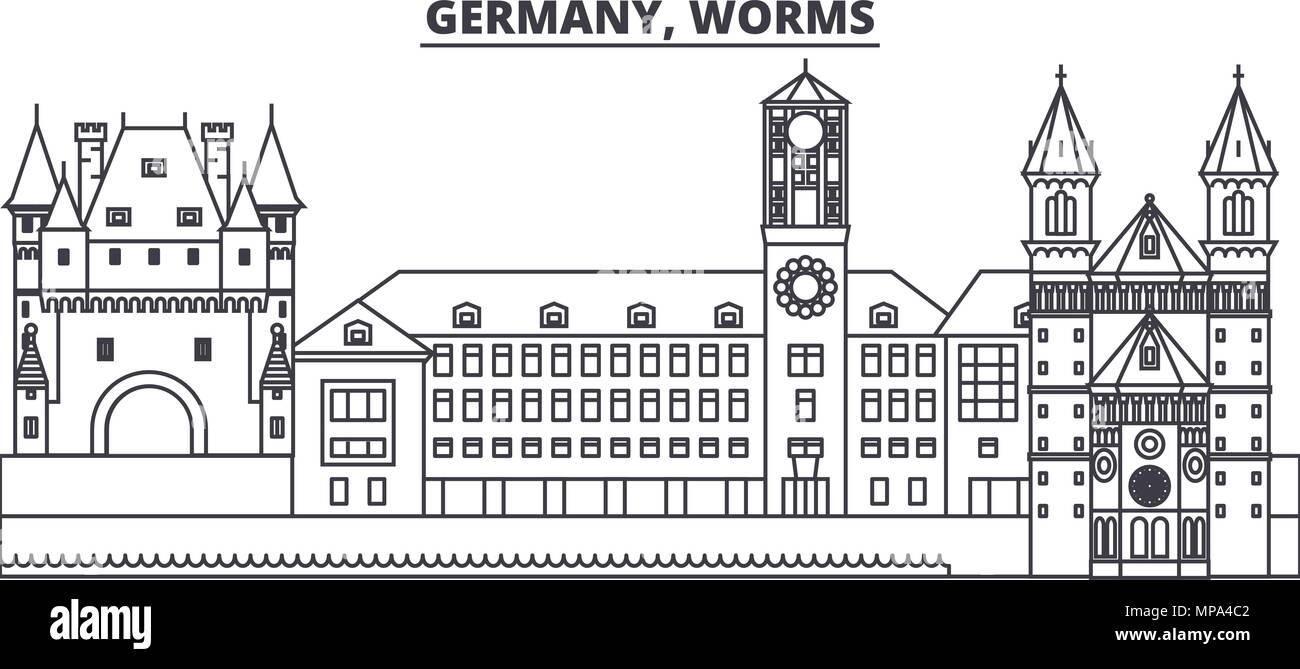 Deutschland, Worms Linie skyline Vector Illustration. Deutschland, Worms lineare Stadtbild mit berühmten Wahrzeichen und Sehenswürdigkeiten der Stadt, Vektor Landschaft. Stock Vektor
