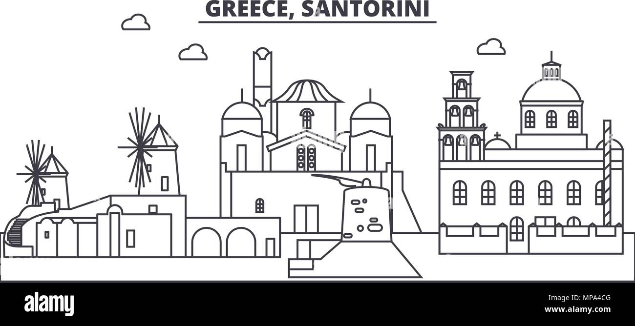 Griechenland, Santorini Linie skyline Vector Illustration. Griechenland, Santorini lineare Stadtbild mit berühmten Wahrzeichen und Sehenswürdigkeiten der Stadt, Vektor Landschaft. Stock Vektor