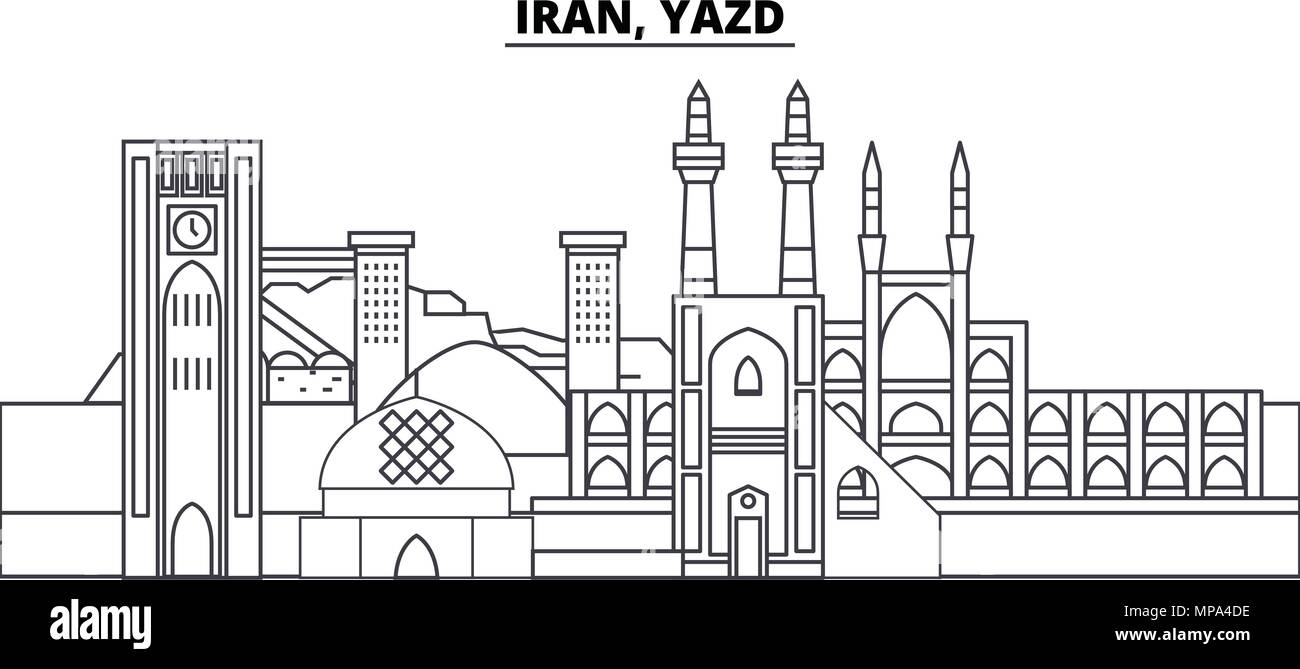 Iran, Yazd Linie skyline Vector Illustration. Iran, Yazd lineare Stadtbild mit berühmten Wahrzeichen und Sehenswürdigkeiten der Stadt, Vektor Landschaft. Stock Vektor