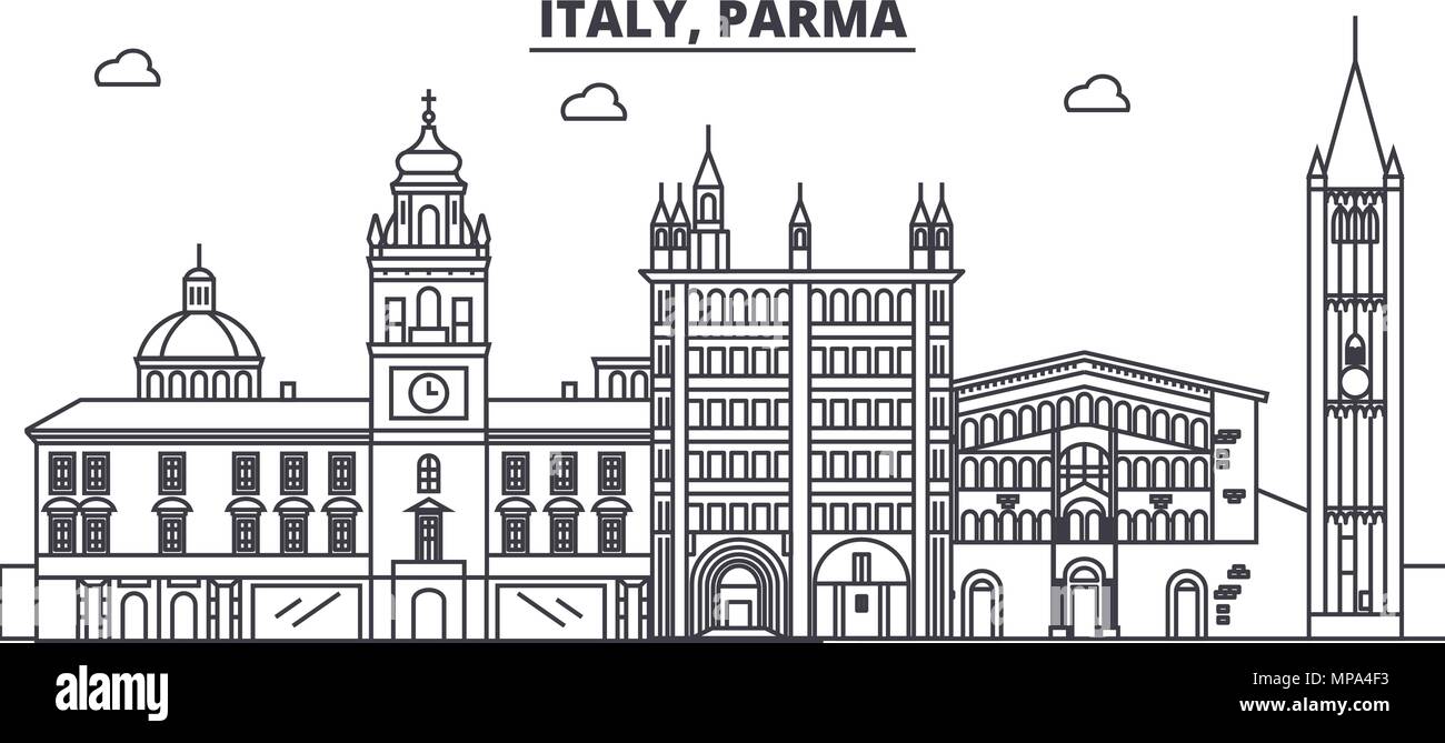Italien, Parma Linie skyline Vector Illustration. Italien, Parma lineare Stadtbild mit berühmten Wahrzeichen und Sehenswürdigkeiten der Stadt, Vektor Landschaft. Stock Vektor