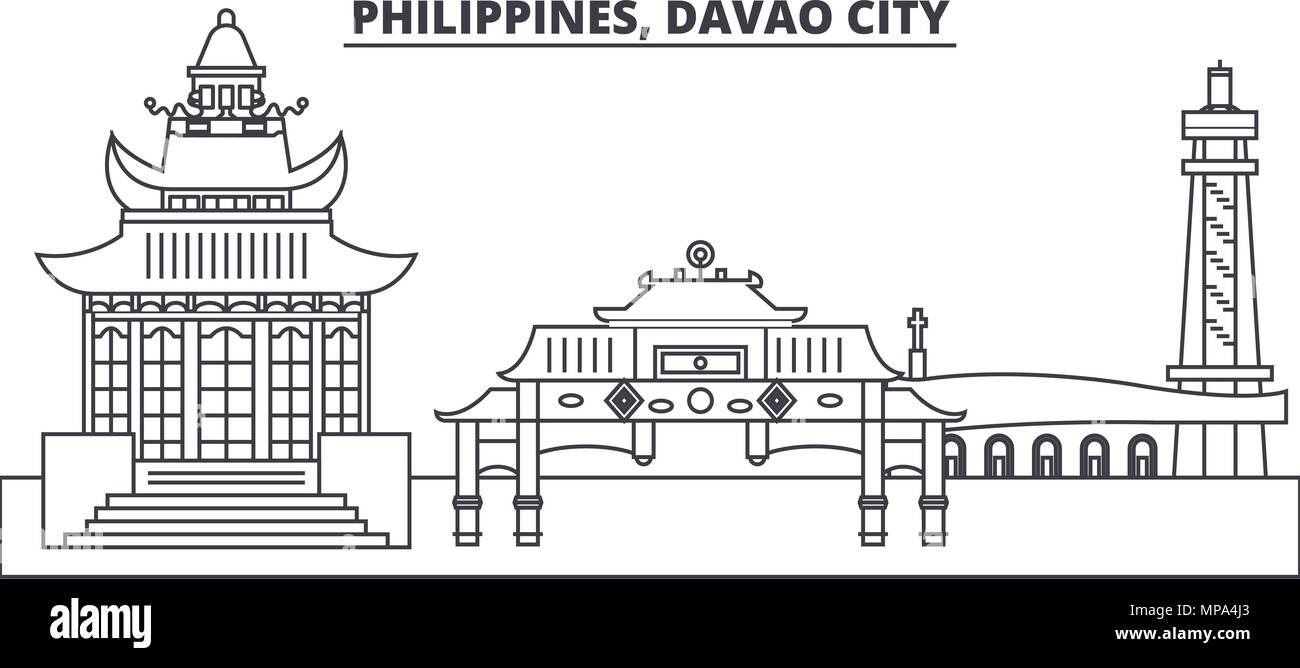 Philippinen, Davao City Line skyline Vector Illustration. Philippinen, Davao City lineare Stadtbild mit berühmten Wahrzeichen und Sehenswürdigkeiten der Stadt, Vektor Landschaft. Stock Vektor