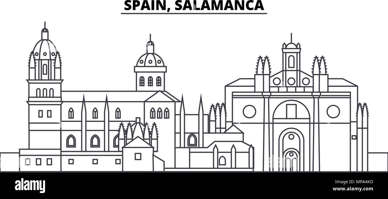 Spanien, Salamanca Linie skyline Vector Illustration. Spanien, Salamanca lineare Stadtbild mit berühmten Wahrzeichen und Sehenswürdigkeiten der Stadt, Vektor Landschaft. Stock Vektor