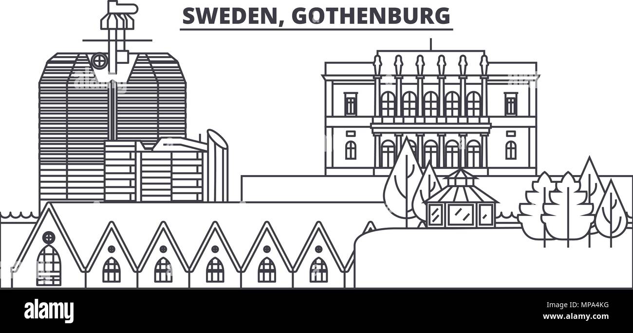 Schweden, Göteborg Linie skyline Vector Illustration. Schweden, Göteborg lineare Stadtbild mit berühmten Wahrzeichen und Sehenswürdigkeiten der Stadt, Vektor Landschaft. Stock Vektor