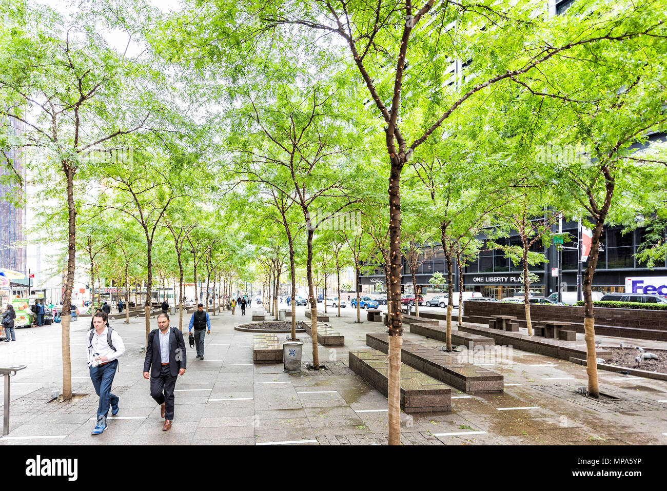 New York City, USA - 30. Oktober 2017: NYC Manhattan unteren Financial District downtown, NYSE, grünen Bäumen im Zuccotti Park, Ferienwohnung leuchtenden Lampen Stockfoto