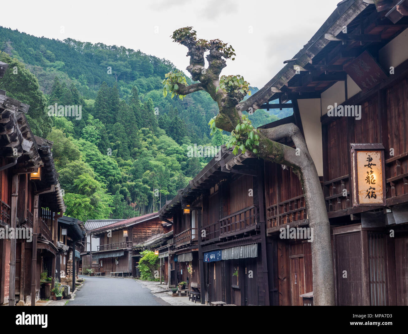 Historische Gebäude, Erbe streetcape auf Terashita, Tsumago, Nakasendo, Nagano, Japan Stockfoto