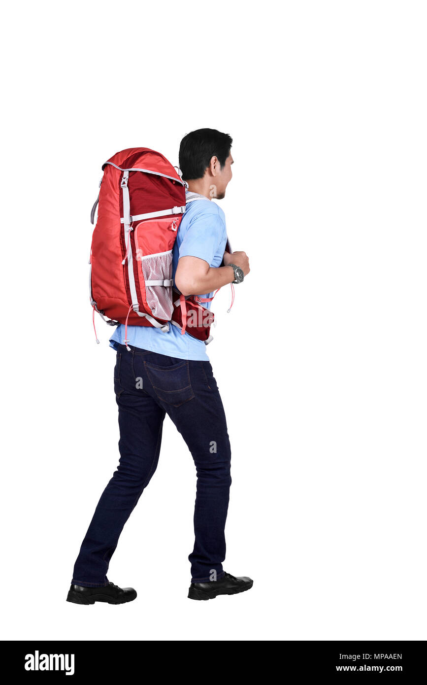 Bilder asiatischer Backpacker gehen, Reisen, die auf weißem Hintergrund Stockfoto