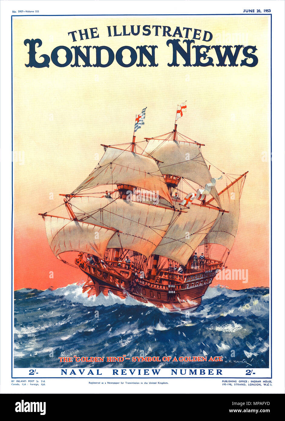 Vintage vordere Abdeckung der Illustrated London News Magazin. Naval Review Anzahl vom 20. Juni 1953, mit der Golden Hind Segelschiff. Stockfoto
