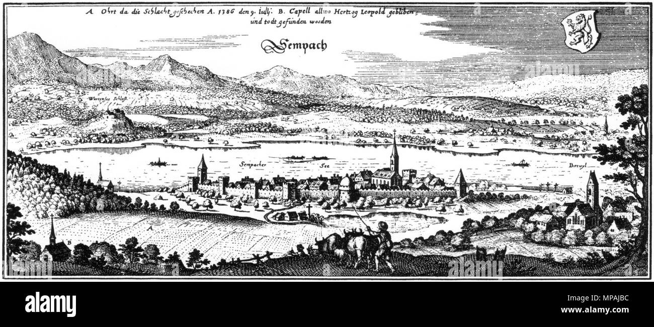 . English: Stadt Sempach in einem Kupferstich von Matthäus Merian von 1654 Englisch Sterben: Die Stadt Sempach in der Schweiz auf einem Stich von Matthäus Merian, 1654. 1654. Matthäus Merian (1593 - 1650) Alternative Namen Matthäus Merian der Ältere; Matthaeus Merian; Matthias Merian Beschreibung Schweizer Kupferstich Kupferstecher und Verleger Geburtsdatum / Tod am 22. September 1593 vom 19. Juni 1650 Ort der Geburt / Todes Basel Bad Schwalbach Arbeitsort Schweiz (Zürich, Basel), in Frankreich (Nancy, Paris), Niederlande, Deutschland (Straßburg, Augsburg, Stuttgart, Oppenheim, Frankfurt) Behörde contr Stockfoto