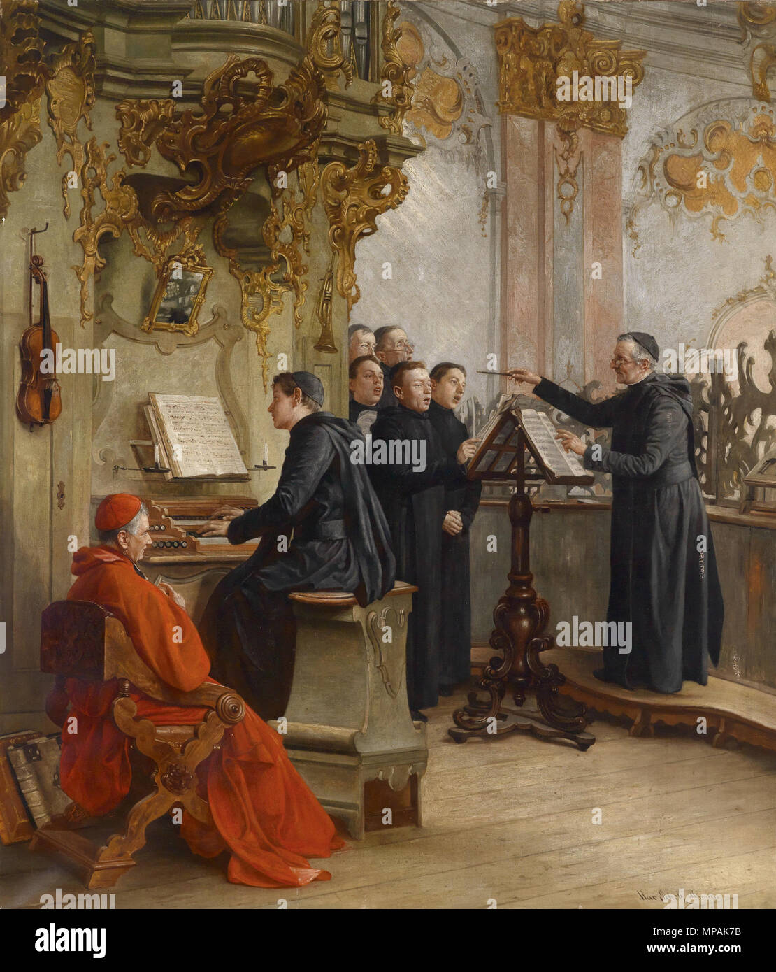 . Chorkonzert, signiert und bezeichnet Max Scholz München, Öl auf Leinwand, 101 x 87 cm. durch 1906. Max Scholz (1855-1906) 877 Max Scholz Chorkonzert Stockfoto