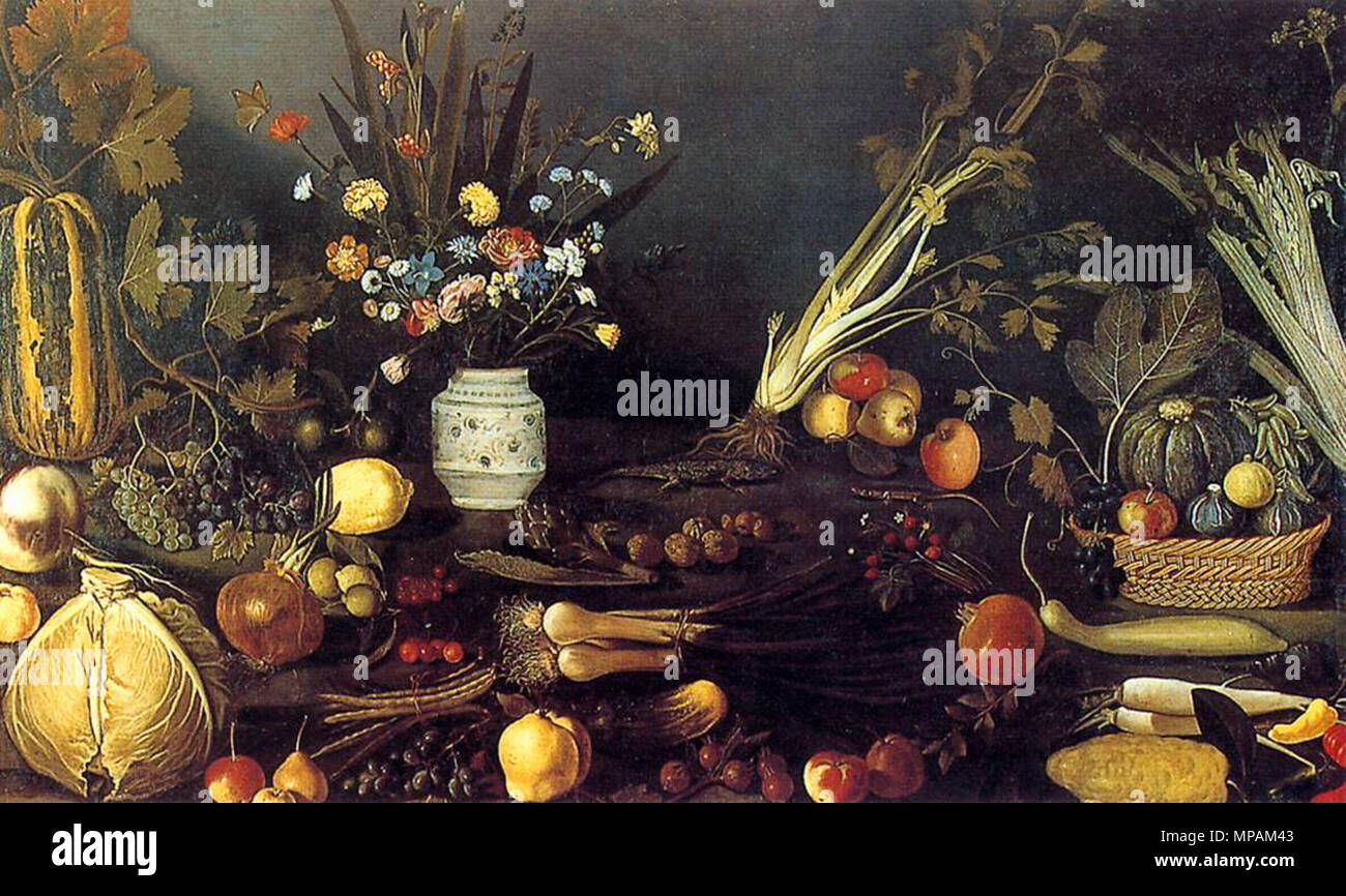 880 Meister des Hartford-Stilllebens - Blumen, Früchte, Gemüse und 2 Eidechsen Stockfoto