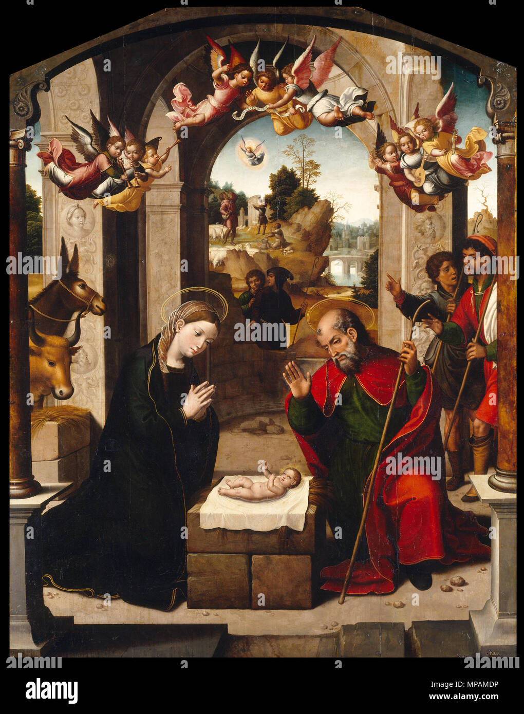 Español: La Natividad. La Virgen y San José se inclinan hacia El Niño Jesús, Desnudo y sobre un paño Blanco en un sillar de Piedra. Sobre ellos, Siguiendo el texto del Nuevo Testamento, Ángeles músicos alaban Al recién nacido entonando "Gloria a Dios en las Alturas y en la tierra Paz ein Los Hombres de quienes Se se complace "y, al Fondo de la composición, Los Pastores Sohn anunciados del Nacimiento del Mesías, entrando en el establo por la derecha de la composición (Lucas 2, 8-20). Esta obra corresponde a la Primera etapa de la actividad del Artista en la que muestra una Fuerte dependencia de Stockfoto