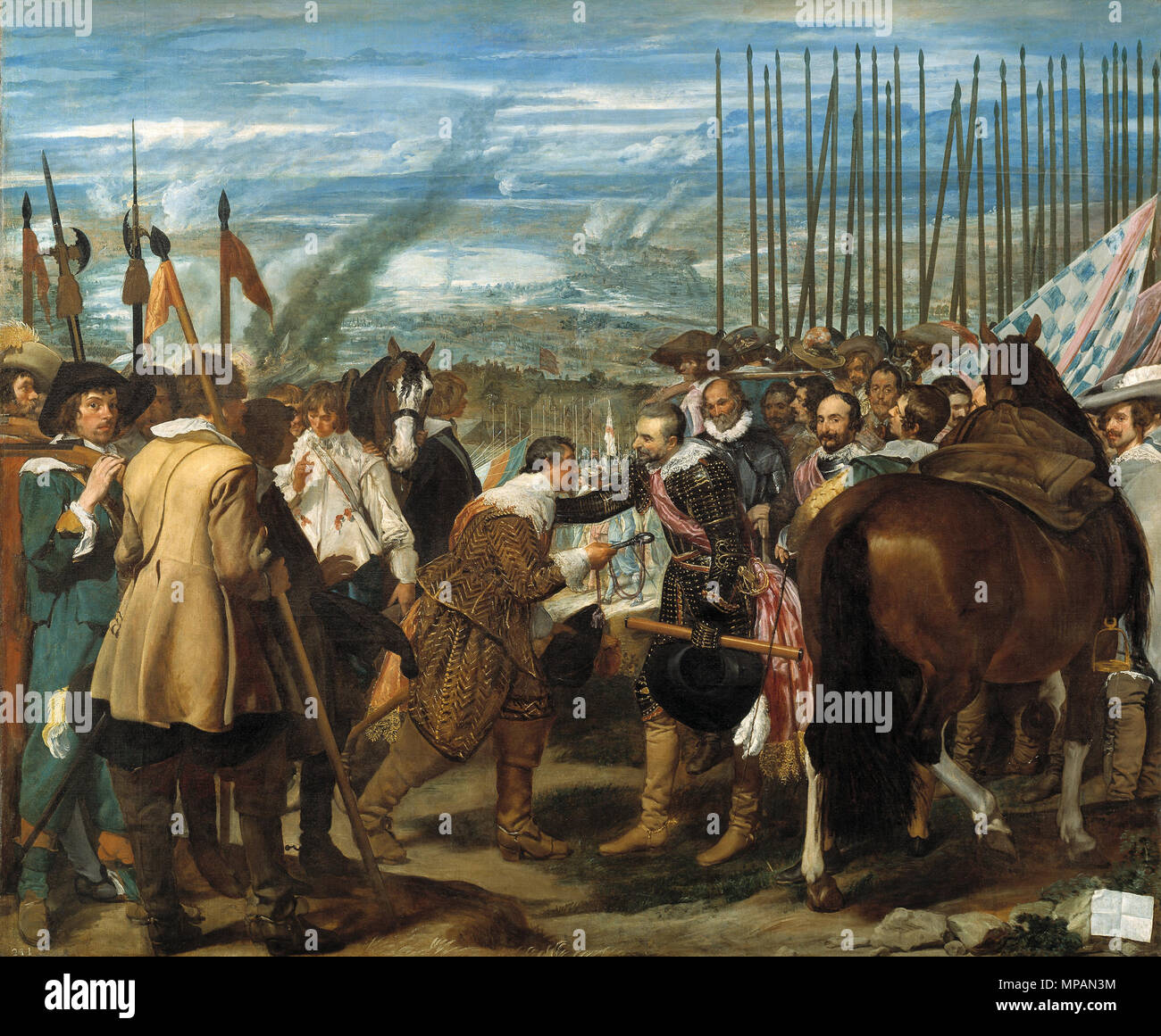 Die Übergabe von Breda, oder "die Lanzen". Español: La Obra Vertreter el Momento en que Justino de Nassau rindió la Ciudad de Breda, en 1625, ein Las tropas españolas al Mando del General Ambrosio Spínola, que aparece recibiendo las llaves de la Ciudad de Manos de su Enemigo. Français: L'Oeuvre représente le moment où Justin de Nassau, en 1625, se rend au général Kommandant les troupes espagnoles Ambrogio Spinola, Après le Siège de Bréda, Ville située au Sud de l'actuel Pays-Bas. Huile sur toile Peinte entre 1634 et 1635 par Diego Vélasquez, exposée Au musée du Prado à Madrid. . Ca. 1635. 122 Stockfoto