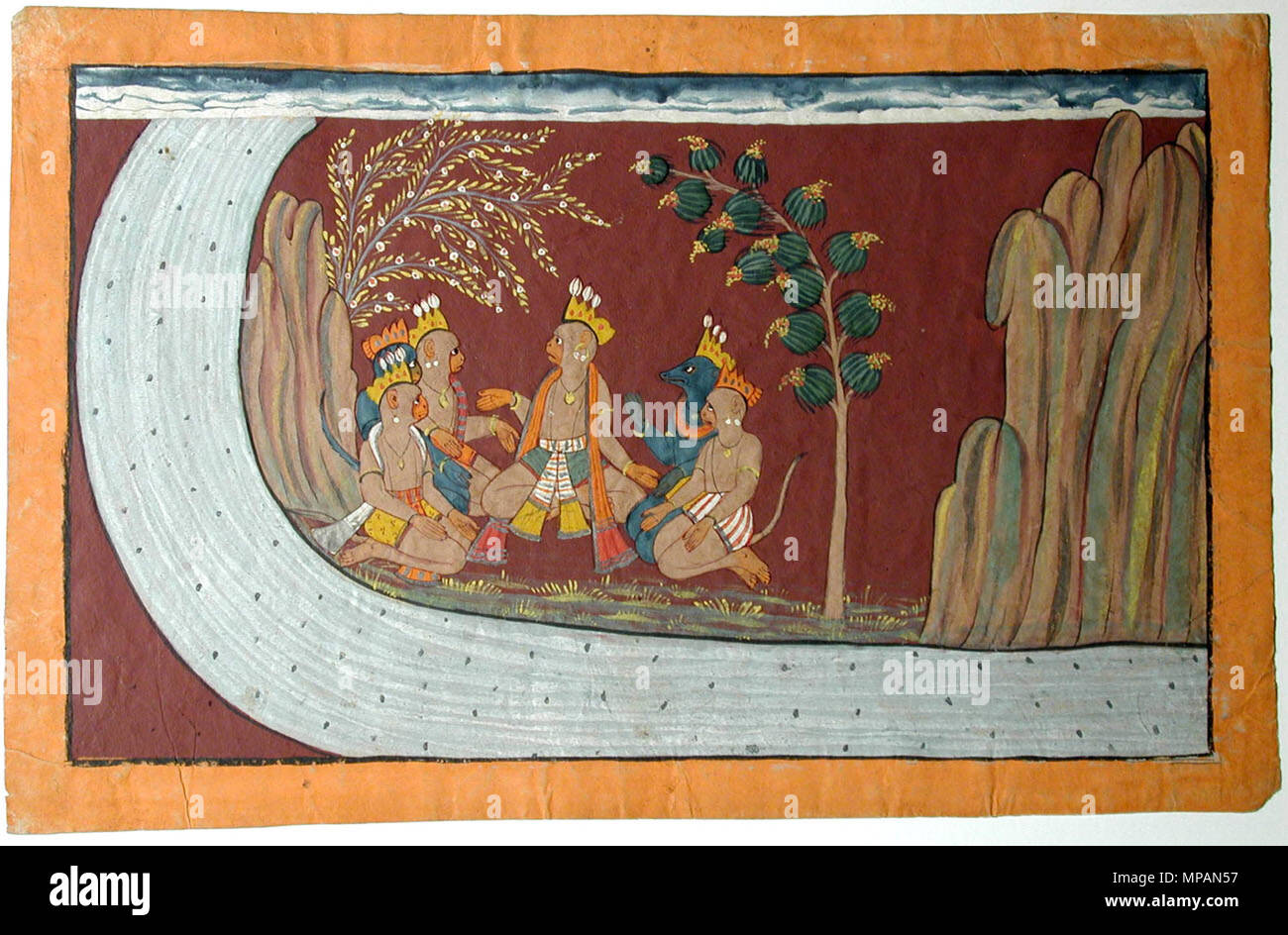 . Englisch: Serie Titel: Rama's Reise Suite Name: Ramayana Erstellungsdatum: Ca. 1705 Display Abmessungen: 7 15/16 in. x 12 15/32 in. (20,2 cm x 31,7 cm) Kreditlinie: Edwin Binney 3 Sammlung Beitritt Artikelnummer: 1990.1105 Sammlung: <a href='Http://www.sdmart.org/art/our-collection/asian-art' rel='nofollow'> Die San Diego Museum der Kunst</a>. 15 Oktober 2001, 10:56:45. Englisch: thesandiegomuseumofartcollection 1176 die Führer der Affen und Bären Treffen unter einem Baum (6125124778) Stockfoto