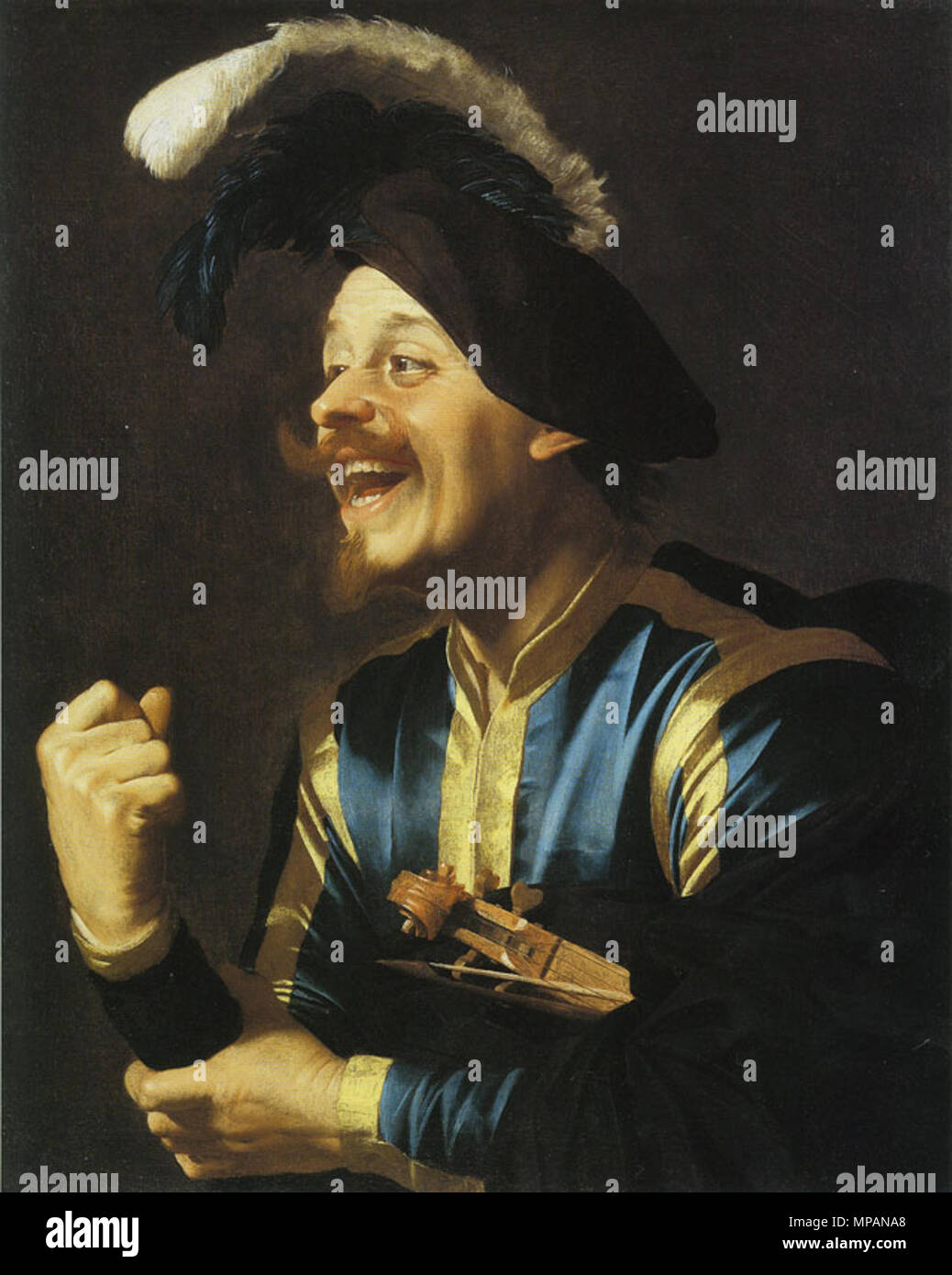 Frohe Musiker mit Geige unter seinem linken Arm. 885 Fröhliche Musiker mit Geige unter seinem linken Arm Stockfoto