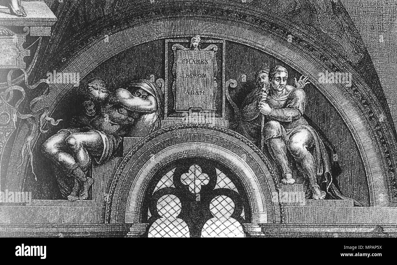 Lunette Perez - hezron-Ram. Dies ist eine Gravur, die eine frühere Version von Michelangelo in der Sixtinischen Kapelle. Michelangelo hat es mit einem anderen Motiv während seiner ersten Arbeit in der Kapelle bemalt (um 1530 s oder 1540 s) zwischen 1511 und 1512. 888 Michelangelo - Sixtinische Kapelle - Lunette Perez - hezron-Ram Stockfoto