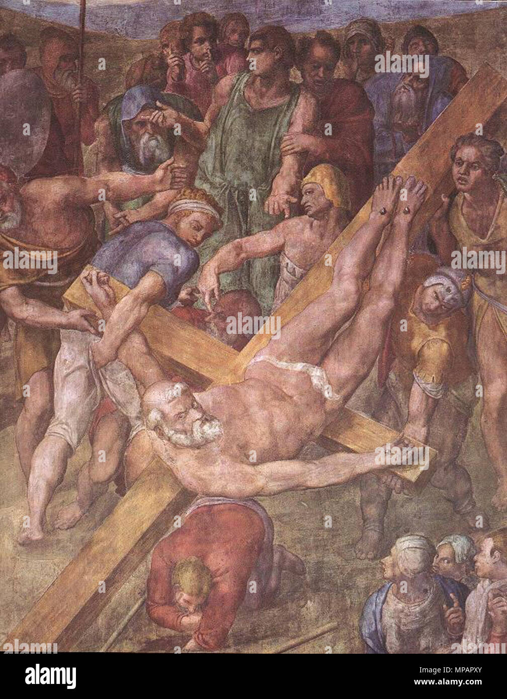 Englisch: Das Martyrium des Hl. Petrus (Detail) zwischen 1546 und 1550. 891 Michelangelo, Paolina, martirio di San Pietro, 02. Stockfoto