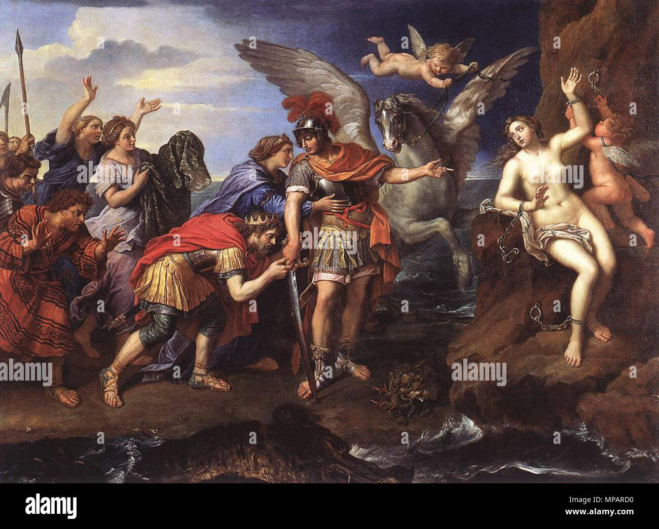 Français: Métamorphoses d'Ovid: le Roi de Griechenland Céphée et la Reine Cassiopée Persée remercient le héros d'avoir délivré Leur fille Dialogieren, Offerte en Opfer à un monstre Marin.[1] Quelle: http://www.wga.hu/frames-e.html?/html/m/mignard/pierre/perseus.html Englisch: Metamorphosen von Ovid: Der König von Griechenland, Céphée und die Königin Cassiopé, danke, der Held Perseus für ihre Tochter Andromeda, in der das Opfer zu einem marine Monster angeboten werden. 1679. 892 Mignard-Andromeda und Perseus. Stockfoto