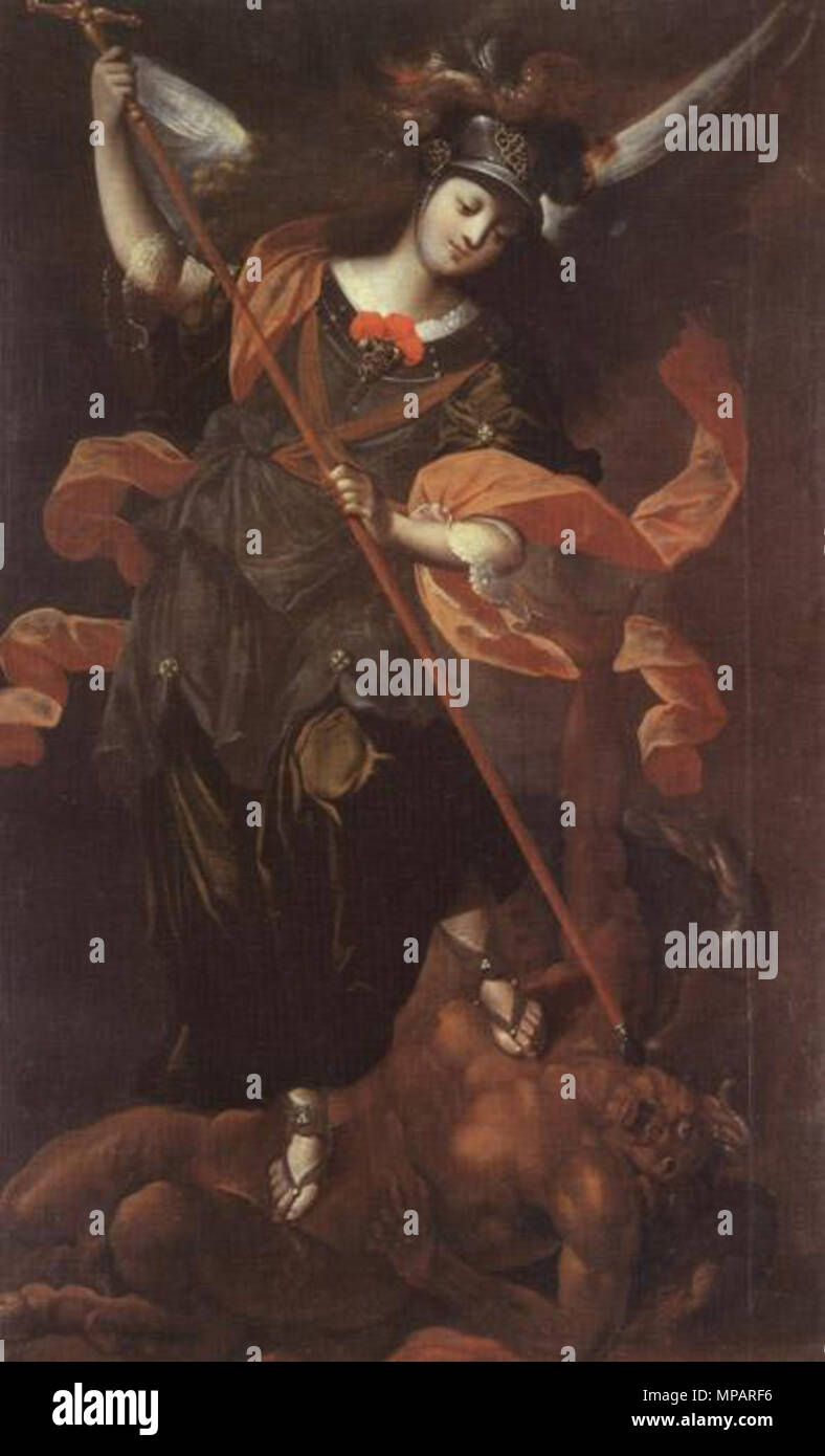 . Englisch: Erzengel Michael in der Kirche des Göttlichen Heilandes, Sopo. Eine der Sopo Erzengel. Der Helm und Speer sind Attribute der Krieger Erzengel. Den Speer Machtfaktor ist sowohl Standard- als Symbol der Erlösung, seit seinem oberen Ende hat ein Kreuz. Español: Es El Angel más discreto en cuanto a vestuario. Es el único que no Tiene su inscripción por ser obvia iconografía. Las telas que constituyen's flotan muy logrado urbaranescas 'lo mejor por el Maestro de Sopó. Es el triunfo de Dios Contra el demonio y de la religión contra satanás. El Casco y la Lanza Sohn atributos de Este Arcangel g Stockfoto