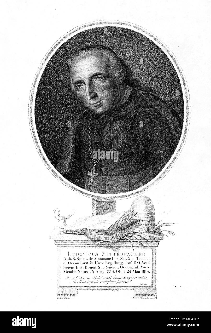 . Magyar: Mitterpacher Lajos (eredetileg Mitterbacher), mitternburgi (Bellye, 1734. augusztus 25. - Pest, 1814. május 24.), egyetemi tanár, Az agrártudományok úttörője hazai. 1805. János Donát (1744 - 1830) Beschreibung der Ungarischen Portrait Maler und Maler Geburtsdatum / Tod 21. Dezember 1744 11. Mai 1830 Ort der Geburt / Todes Klosterneuzell Pest Authority control: Q 723952 VIAF: 28173099 ISNI: 0000 0001 1048 2830 ULAN: 500330169 WGA: DONÁT, János GND: 130270601 und Adám Sándor Ehrenreich (1791-1844) Alternative Namen Sándor Ádám Ehrenreich Beschreibung Ungarischen engr Stockfoto