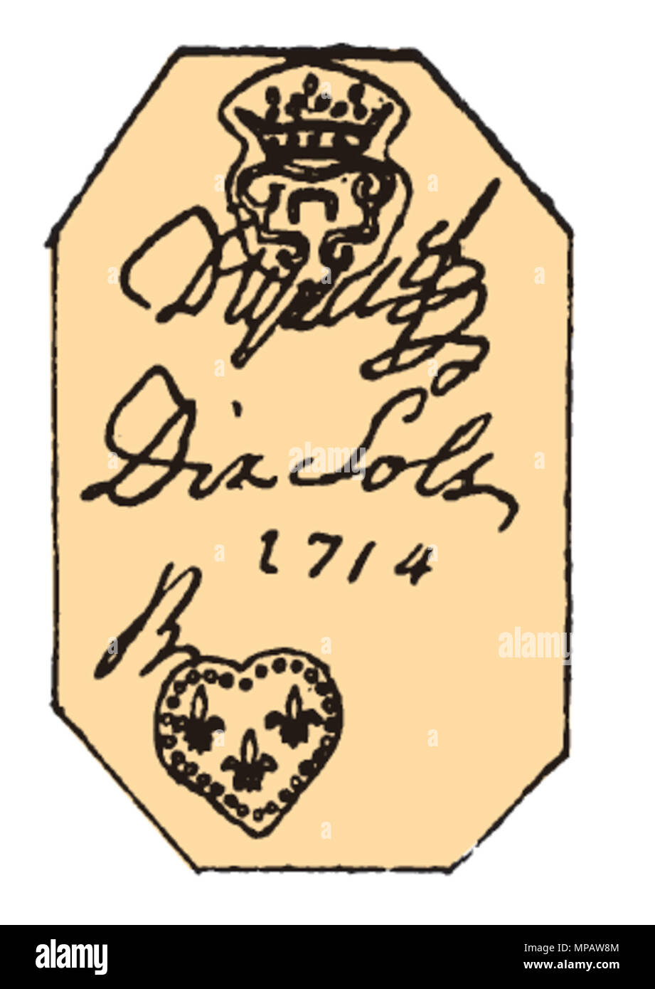 . Français: La Wollestraat de Dix sols se distingue par le Timbre d'en Haut, un-V antike sommé d'une Couronne de Marquis; celui d'en Bas, trois Fleurs de lis dans un Coeur et le libellé Dix sols. 1. Januar 1714. Annuaire De la Société française de numismatique, Band 13 900 Monnaie-de-carte-10-Sols Stockfoto