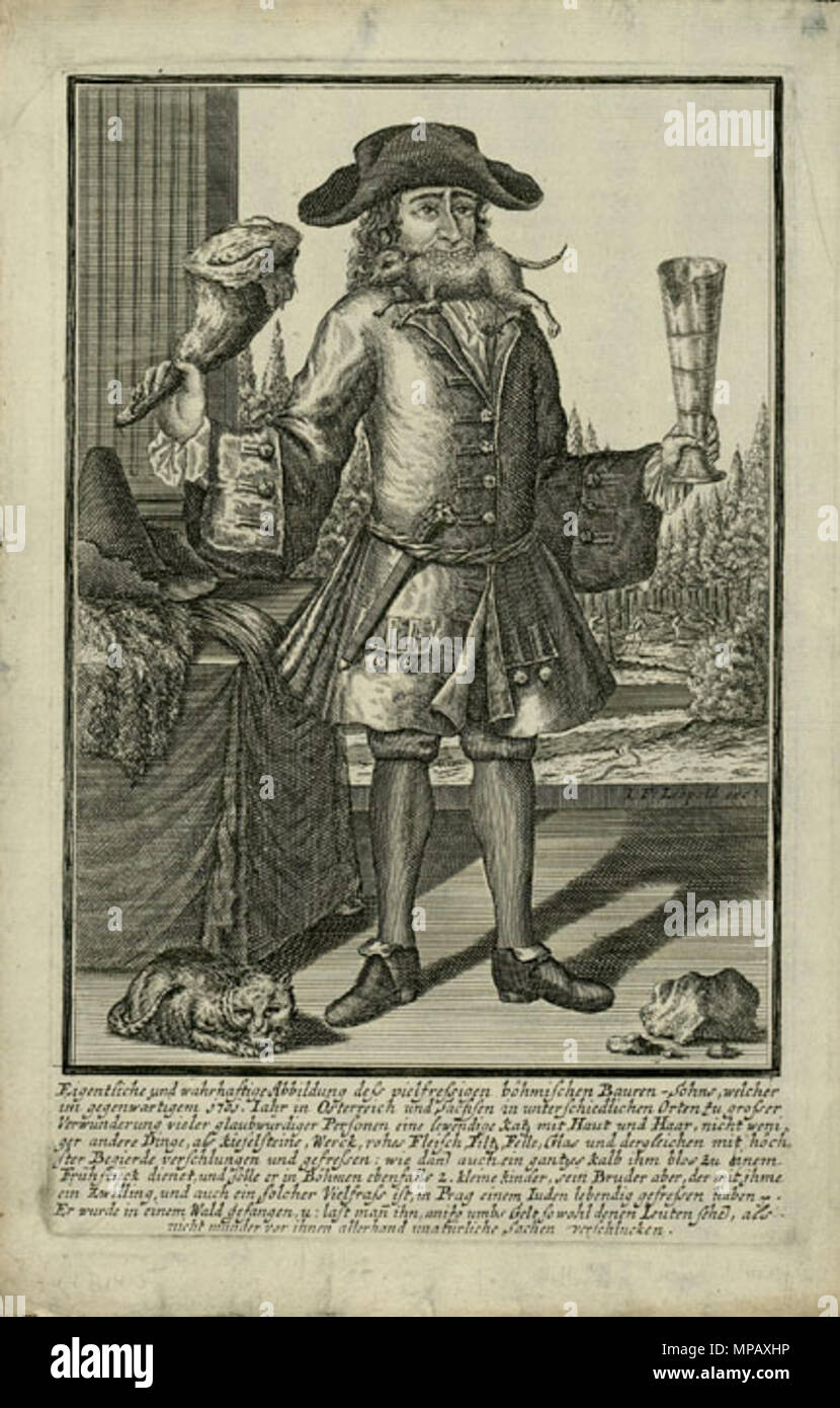 . Englisch: Repository: an der Universität von Texas in Austin, Harry Ransom Humanities Research Center Beschreibung: Nicht identifizierte. [Vollständige länge Abbildung des Menschen greifen ganze Leben Lamm in seinen Mund, als er ein riesiges Lammkeule in der rechten Hand und ein Trinkgefäß mit einem Bissen aus es in seiner Linken genommen, eine Katze zu seinen Füßen sitzt; eingraviert Deutsche Text besagt unter anderem, dass zu Hause in Böhmen aß er zwei Kinder und sein Zwillingsbruder in Prag angeblich aß ein Jude lebendig; anscheinend Teil eines Wanderzirkus; I.F. Leopold exc:']. 1701 1 Drucken (Ätzen und Gravieren), 33,1 x 21,7 cm. 1701. Stockfoto