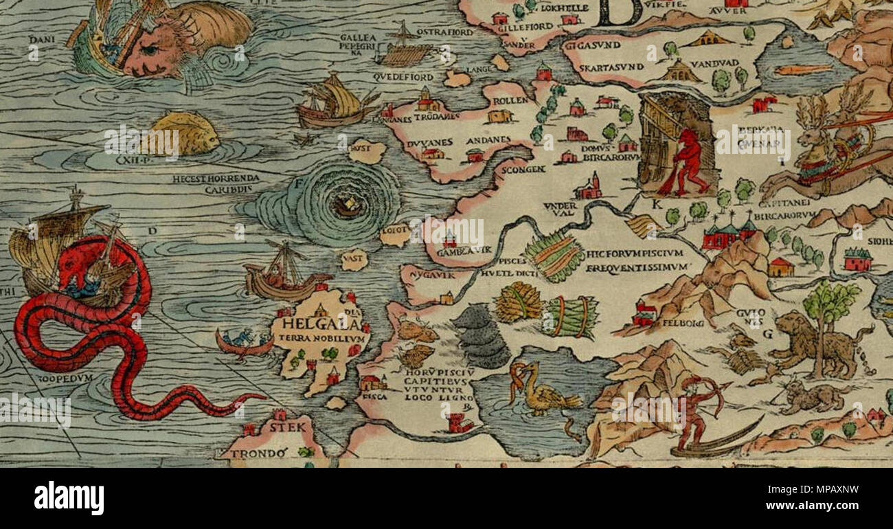 . Ich moskenstraumen Carta Marina. 1539. Olaus Magnus 907 Moskenstraumen Stockfoto