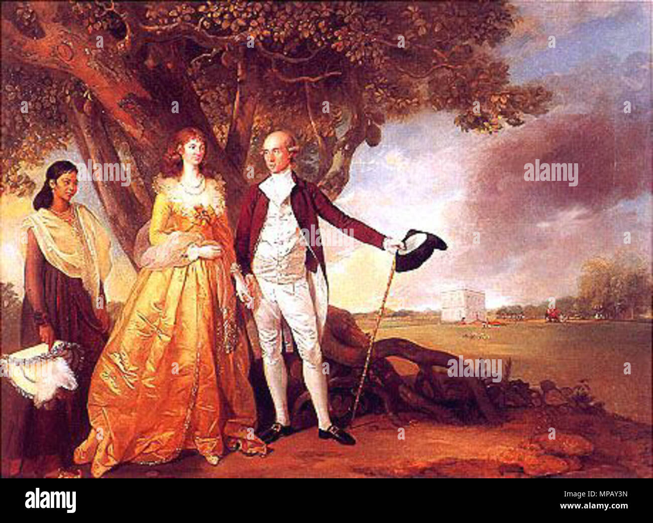 . Englisch: Warren Hastings mit seiner Frau Marian in Ihren Garten, Alipore ca. 1784-7, Öl auf Leinwand (C 1311) von Johann Zoffany. Warren Hastings, allgemeine Gouverneur von Bengalen, 1774-1785 Zoffany beauftragt einige Porträts vorzubereiten. Im Gegensatz zu den üppigen Portrait von Marian Hastings, das intime Gespräch Stück mit einem Hauch von Wehmut, als Geliebte des Hasting Frau wurde bald für Europa verlassen. Juli 1784. Johann Zoffany (1733-1810) Alternative Namen Johan Zoffany; Johannes Josephus Zauffely Beschreibung deutscher Maler und Grafiker Geburtsdatum / Tod 13 März 1733 11 Novem Stockfoto