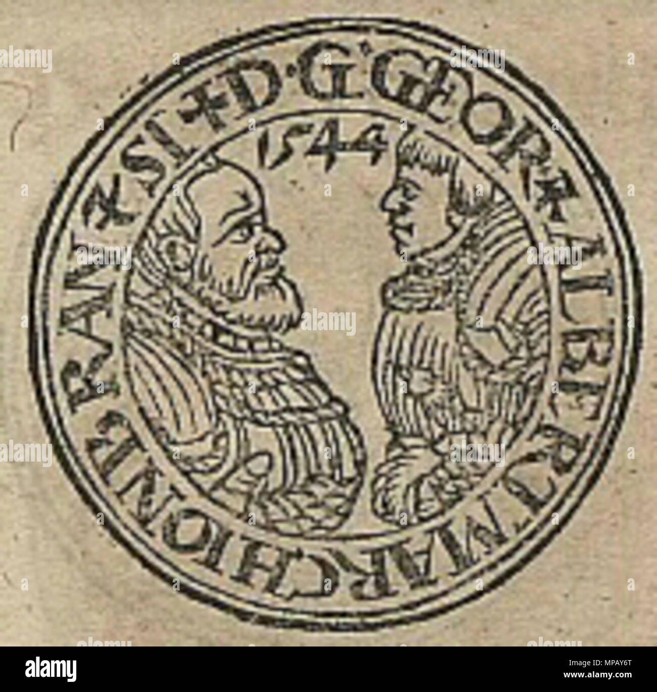 . English: Ausschnitt aus dem Blatt: Münzvorderseite von 1544 mit den Markgrafen Georg und Albrecht Alcibades. 1573. Wolf Stürmer 909 MuenzeGeorgAlbrecht 1544 Stockfoto