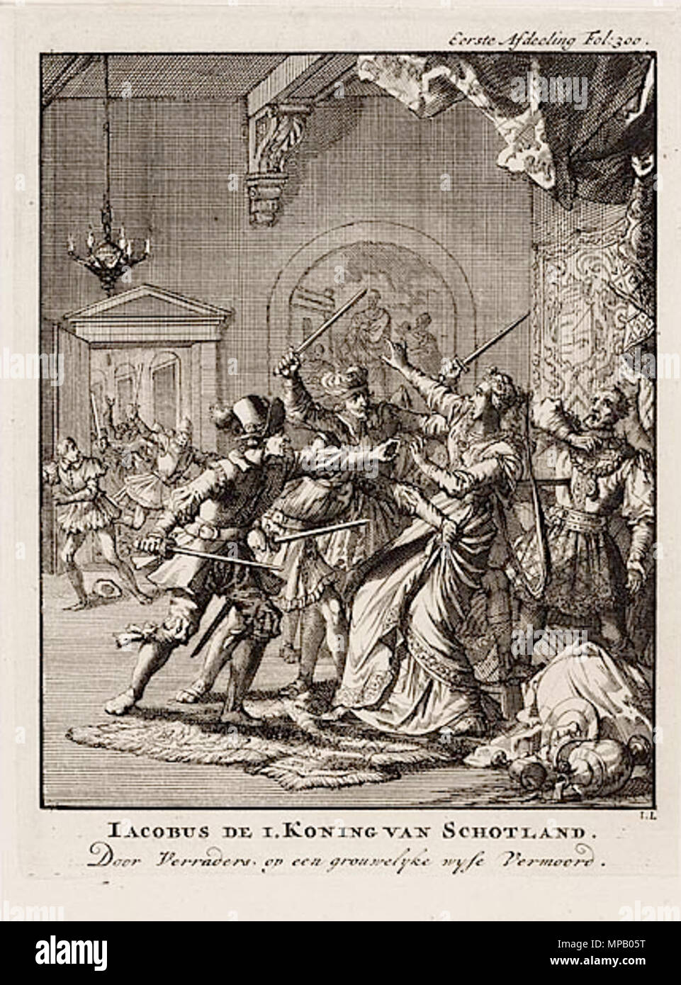 . Englisch: Iacobus de I. Koning van Schotland, Radierung von Jan Luyken. 1698. Jan Luyken 912 Mord an Jakob I. von Schottland 1437 Stockfoto