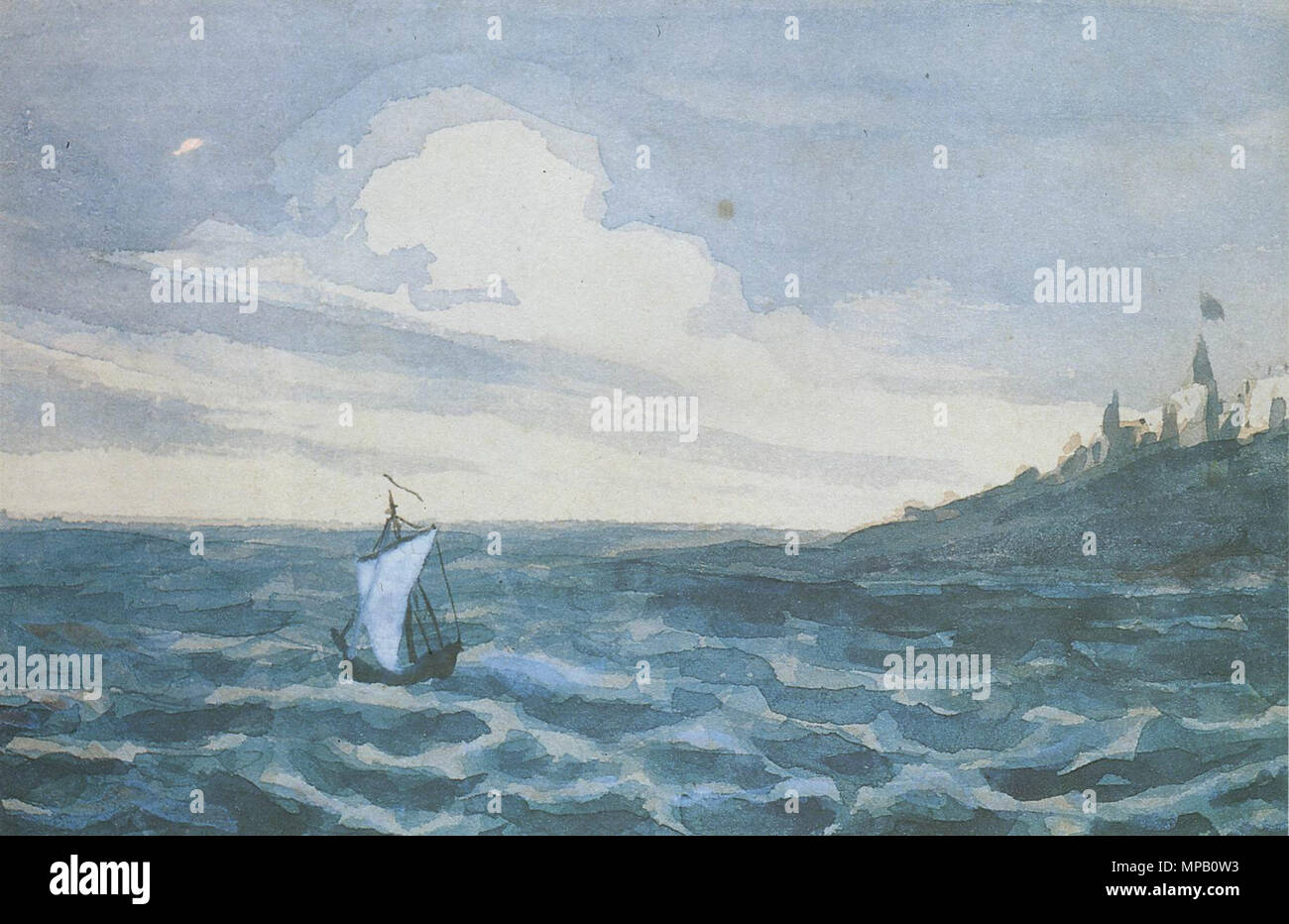 . Englisch: Marine mit einem Segelboot, Detail. Aquarell auf Papier. 9,2 x 15,7. Aus dem Album von M. Shan-Ghirei. Staatliche Öffentliche Bibliothek. Sankt Petersburg. Michail Lermontow (1814-1841). [Ein einsames Segel.] 1828-1832. Русский: [парус Одинокий.] Морской вид с парусной лодкой, фрагмент, акварель, библиотека Салтыкова - Щедрина, Санкт-Петербург. zwischen 1828 und 1831. 953 Gemälde von Michail Lermontow, 1828-31 Stockfoto