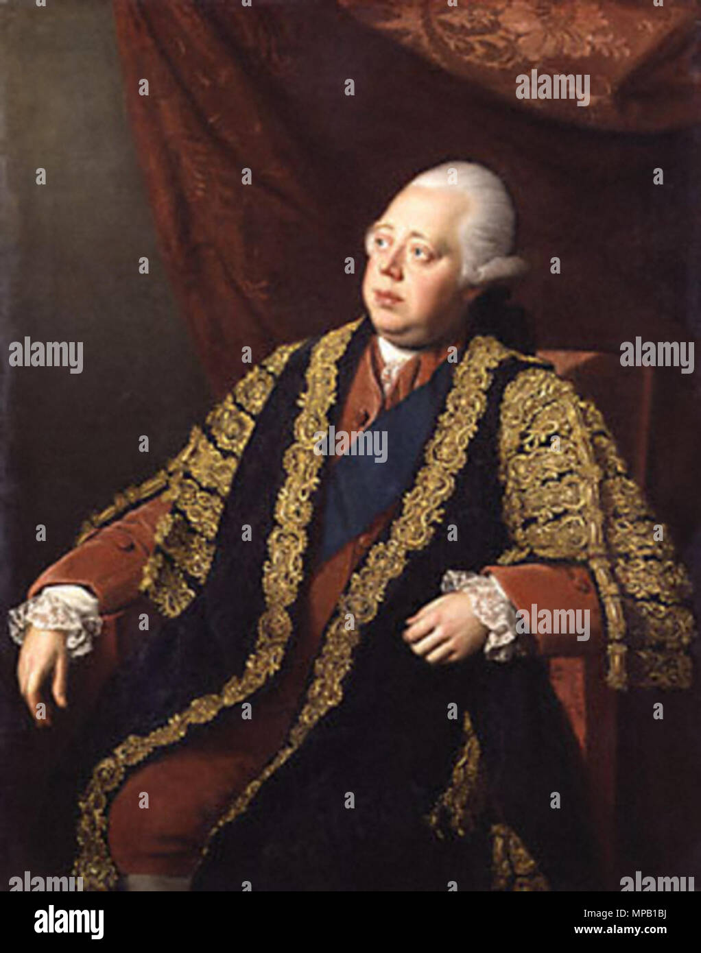 Portrait von Frederick North, Lord North (1732-1792). Frederick North, zweite Graf von Guildford [Lord North], Premierminister des Vereinigten Königreichs, 1770-82 Portrait das Tragen des Kanzlers Kleid und medienstars der Strumpfband. zwischen 1773 und 1774. 919 Nathaniel Dance Lord North Stockfoto