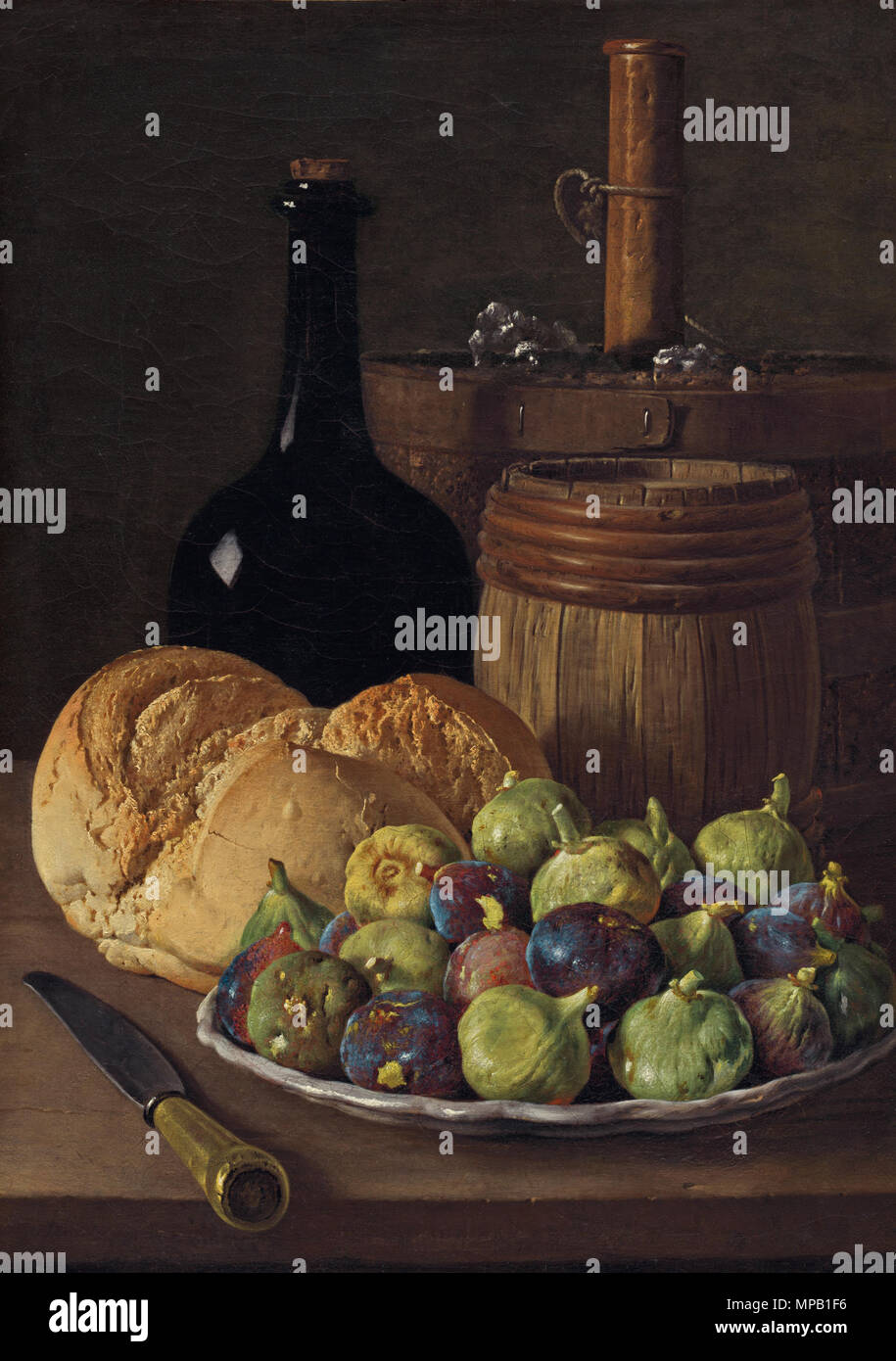 Malerei; Öl auf Leinwand; gesamt: 47,6 x 34 cm (18 3/4 x 13 3/8 in.) gerahmt: 65,6 x 49,2 x 4,4 cm (25 13/16 x 19 3/8 x 1 3/4 in.); Noch Leben mit Feigen und Brot 919 Natura morta amb figues ich pa-meléndez Stockfoto