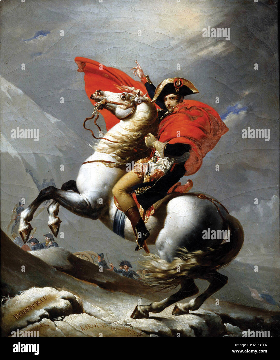 ** Voraus für Wochenende Editionen, März 28-30 ** Dieses Bild, durch Louisiana State Museum, zeigt "Bonaparte der Alpen durch den Großen St. Bernhard Pass, 'c 1807 von Jean-Baptiste Mauzaisse mit Jacques-Louis David. Die berühmteste Darstellung von Napoleon?s militärische Karriere, Teil einer Ausstellung, "Schätze von Napoleon", die in New Orleans im April 2008 geöffnet wird, fängt die Energie und die Aufregung seines italienischen Kampagnen und Aufstieg zur Macht. Wie Hannibal und Karl der Große, deren Namen an der Lackierung erscheinen?s unten, Bonaparte nahm mutig seine Truppen über die Alpen, um die Uhr lassen Sie sich überraschen Stockfoto