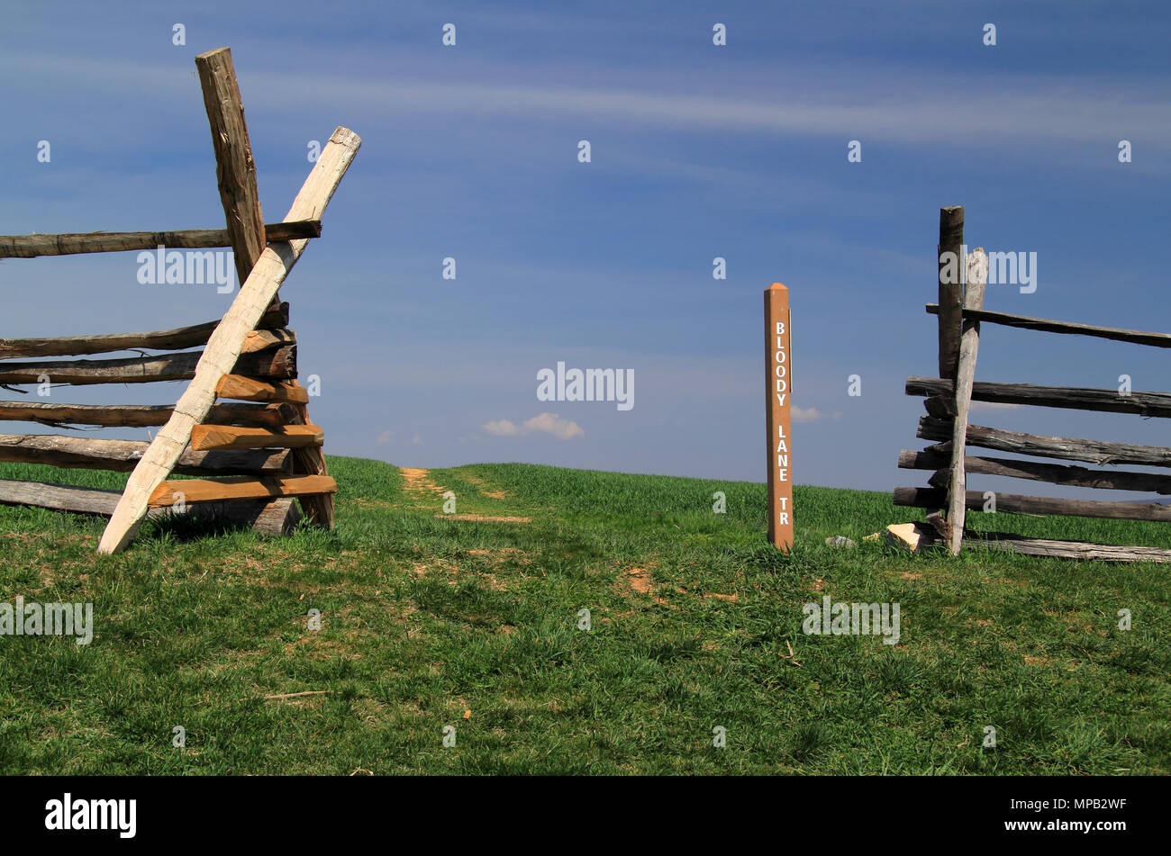Die blutige Spur Trail interpretiert die intensiven Kampf, der sich am Hohlweg während der Schlacht der Amerikanische Bürgerkrieg von Antietam, Maryland nahm Stockfoto