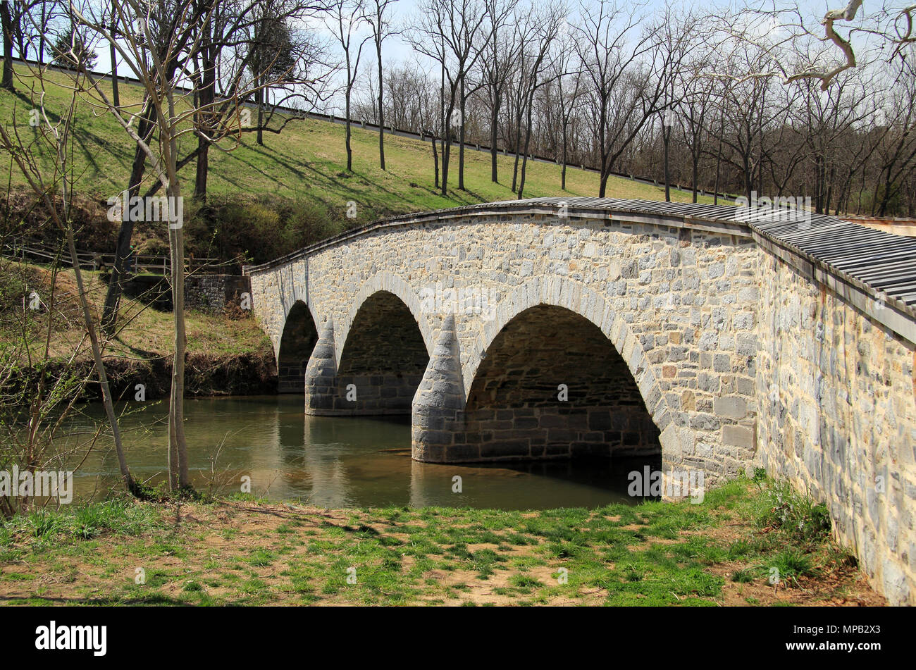 In der Schlacht von Antietam, die Burnside Bridge war heftig durch die Eidgenossen gegen Union Truppen kommandiert von Union Allgemeine Ambrose Burnside verteidigt. Stockfoto